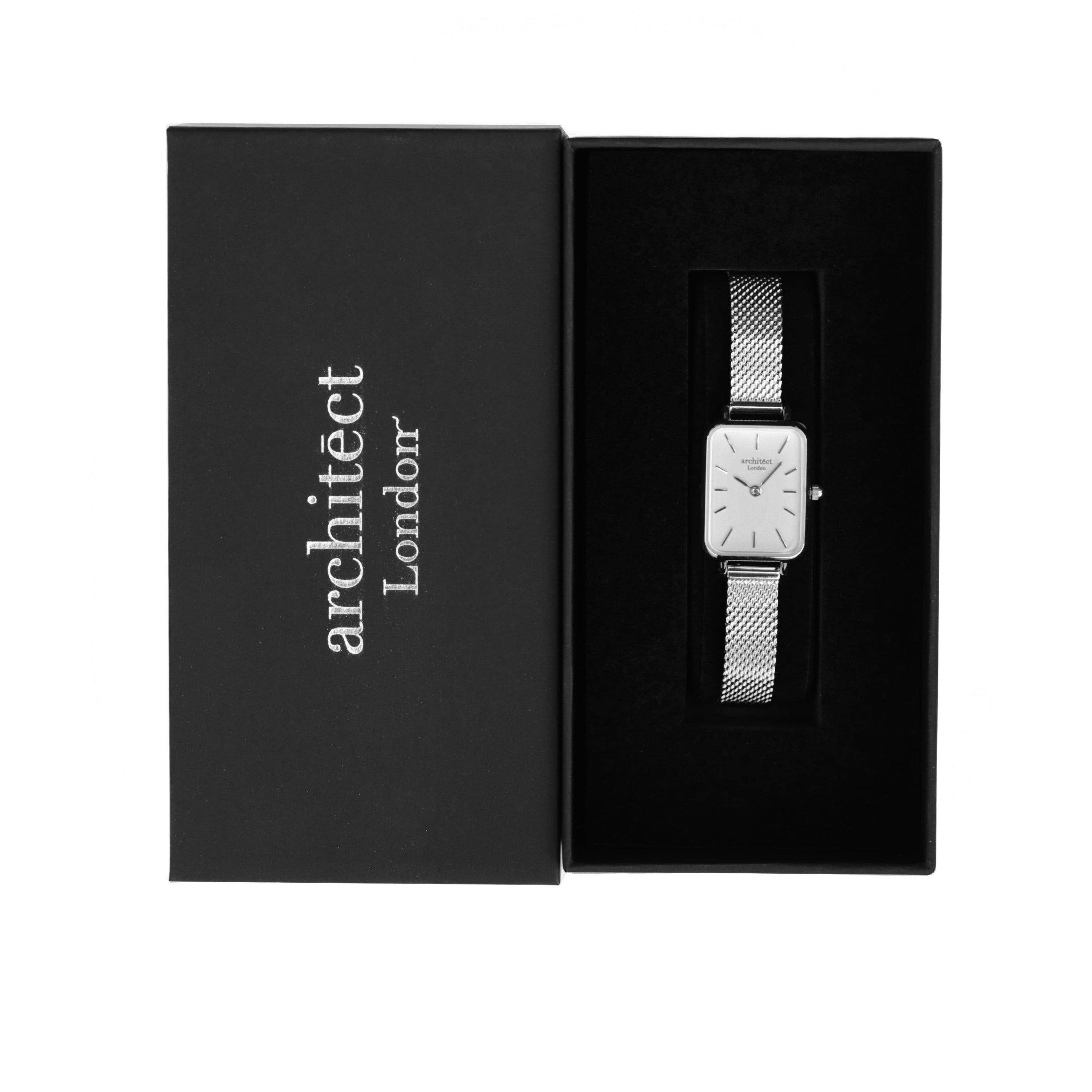Ladies Architēct Lille watch in Cloud Silver with a silver mesh strap and modern font engraving option.