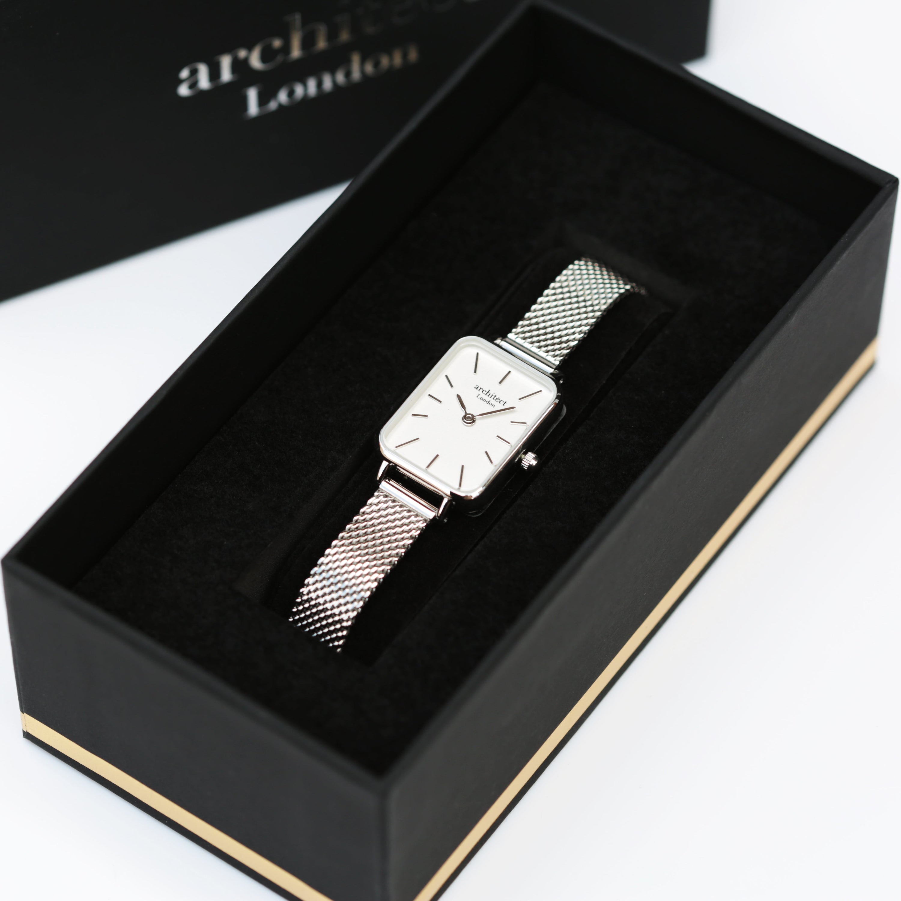 Ladies Architēct Lille watch in Cloud Silver with a silver mesh strap and modern font engraving option.