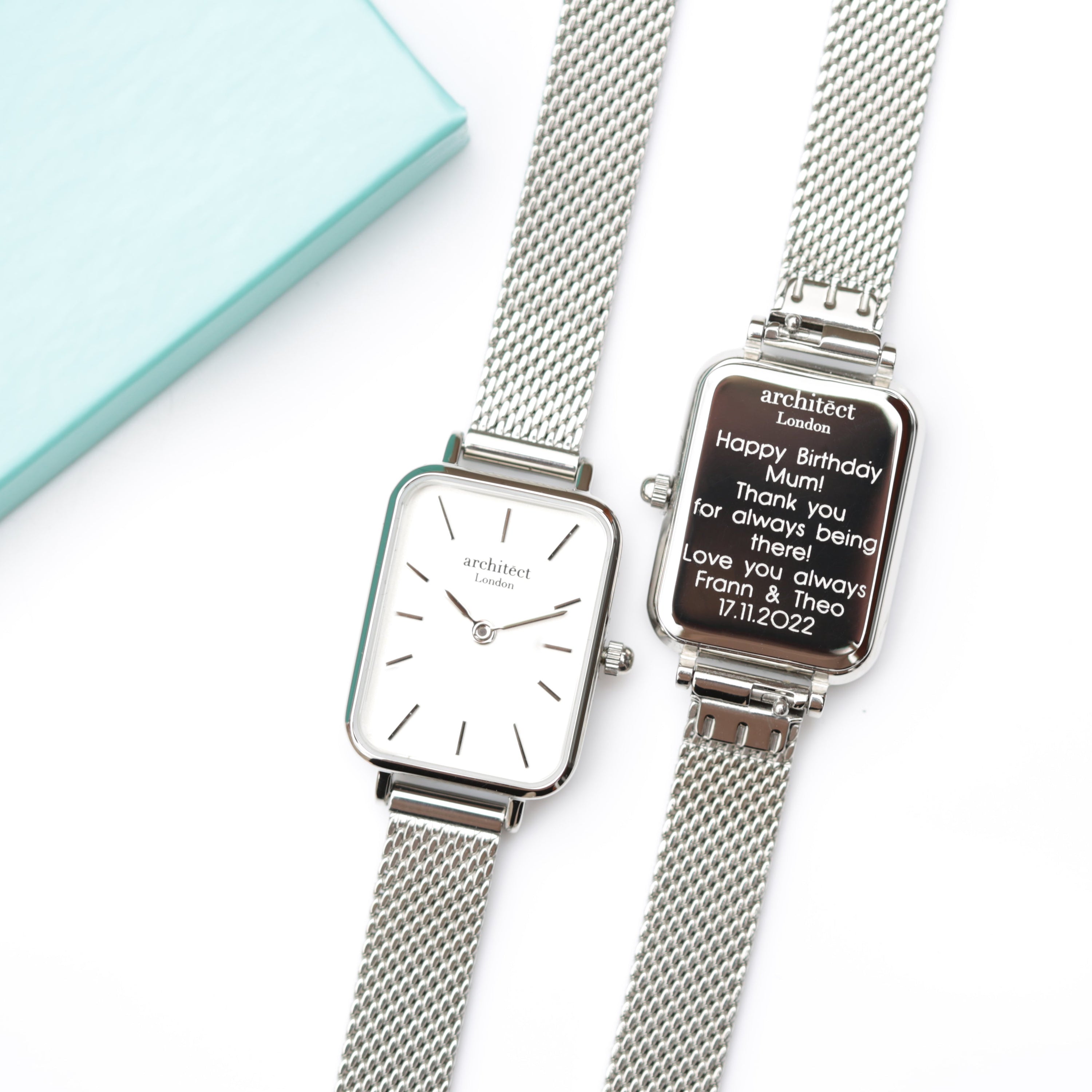 Ladies Architēct Lille watch in Cloud Silver with a silver mesh strap and modern font engraving option.