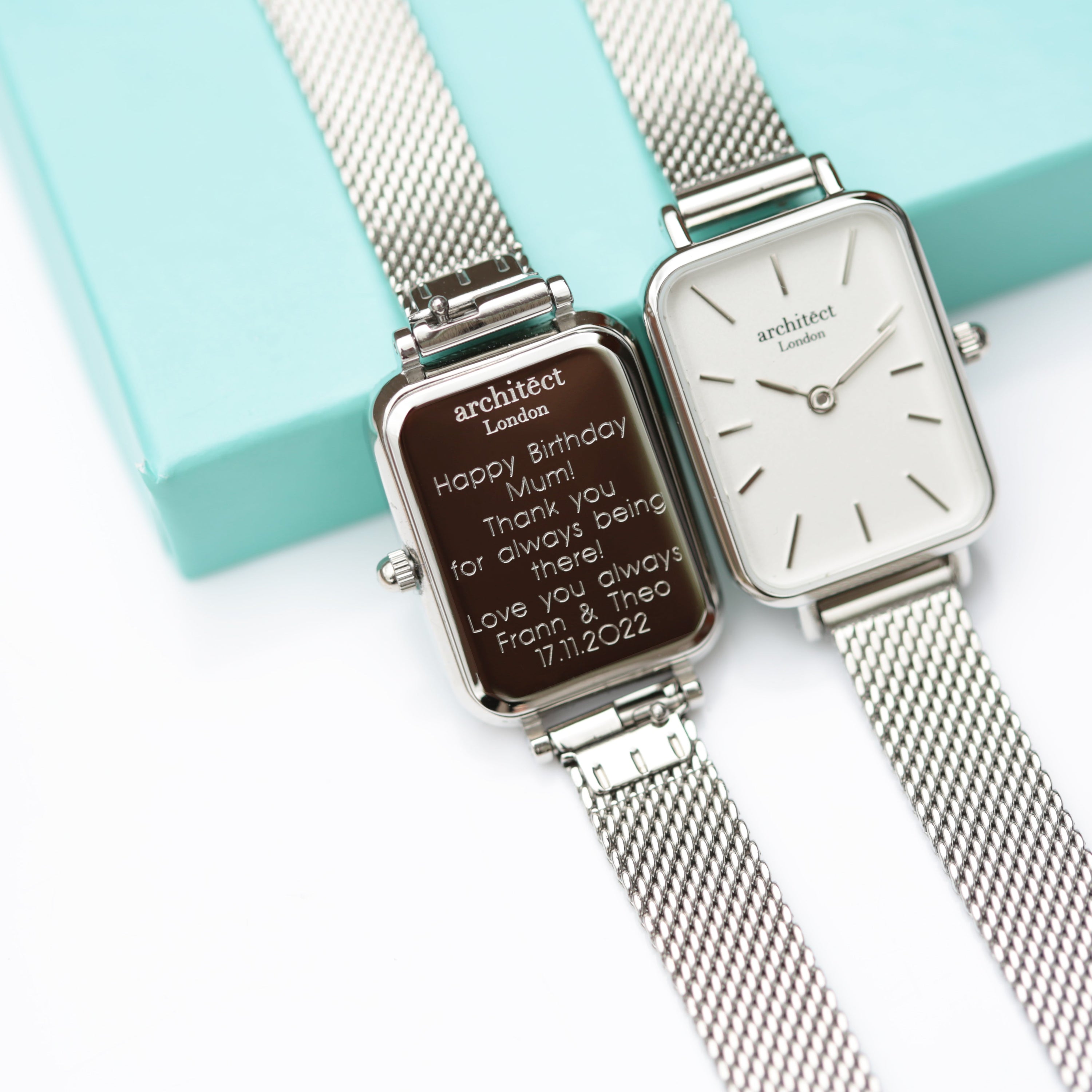 Ladies Architēct Lille watch in Cloud Silver with a silver mesh strap and modern font engraving option.