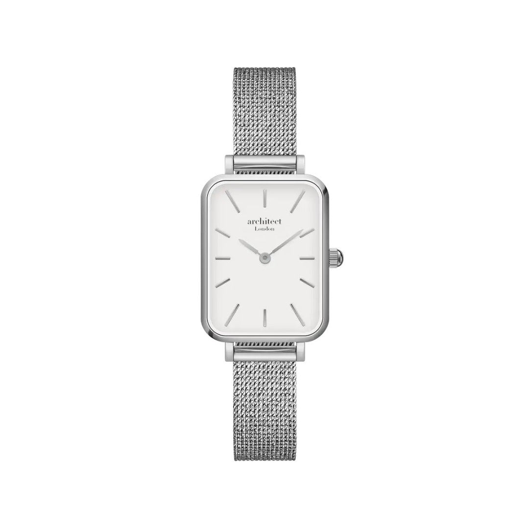 Ladies Architēct Lille watch in Cloud Silver with a silver mesh strap and modern font engraving option.