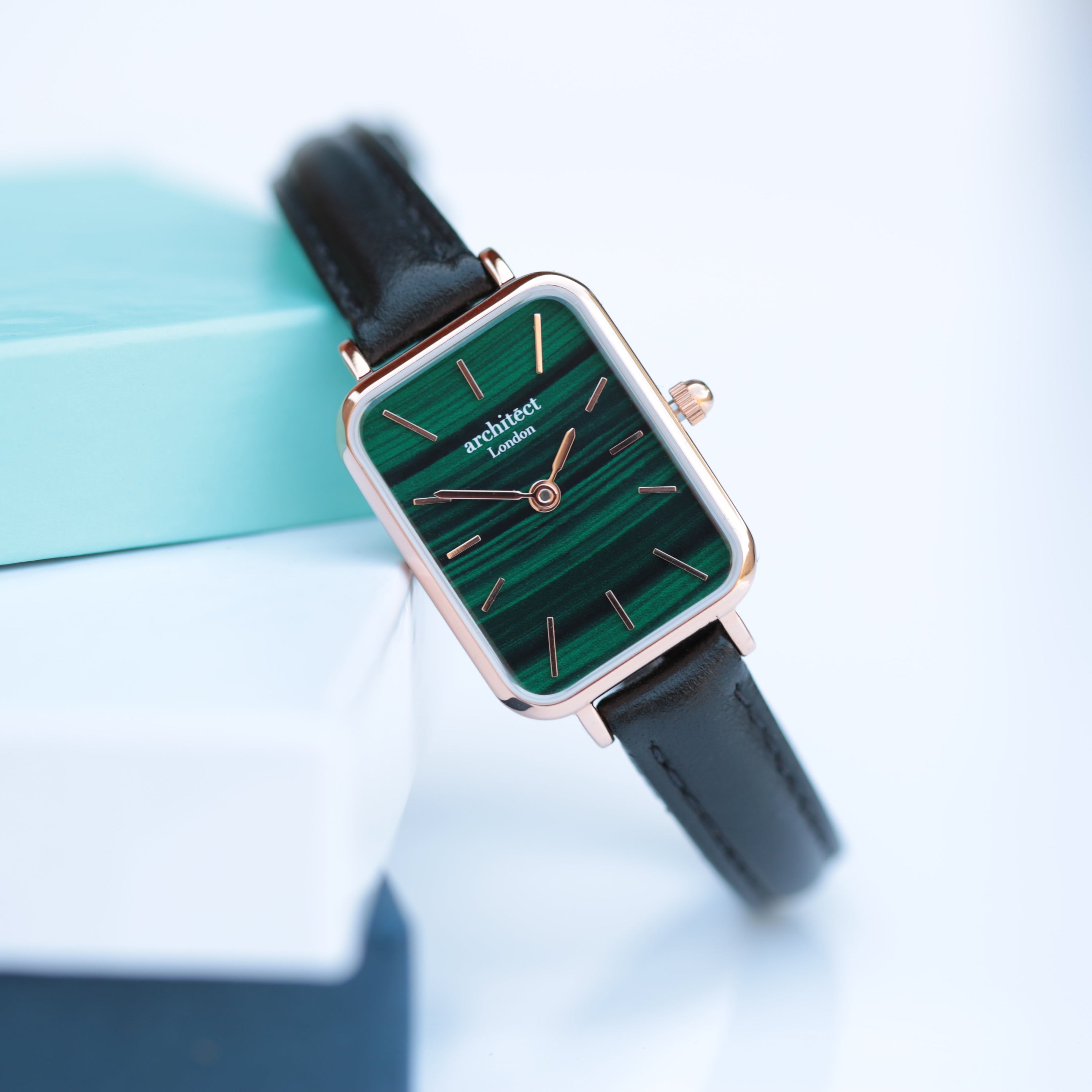 Ladies Architēct Lille watch in Pine Green with handwriting engraving, featuring a stainless steel case and genuine leather strap.