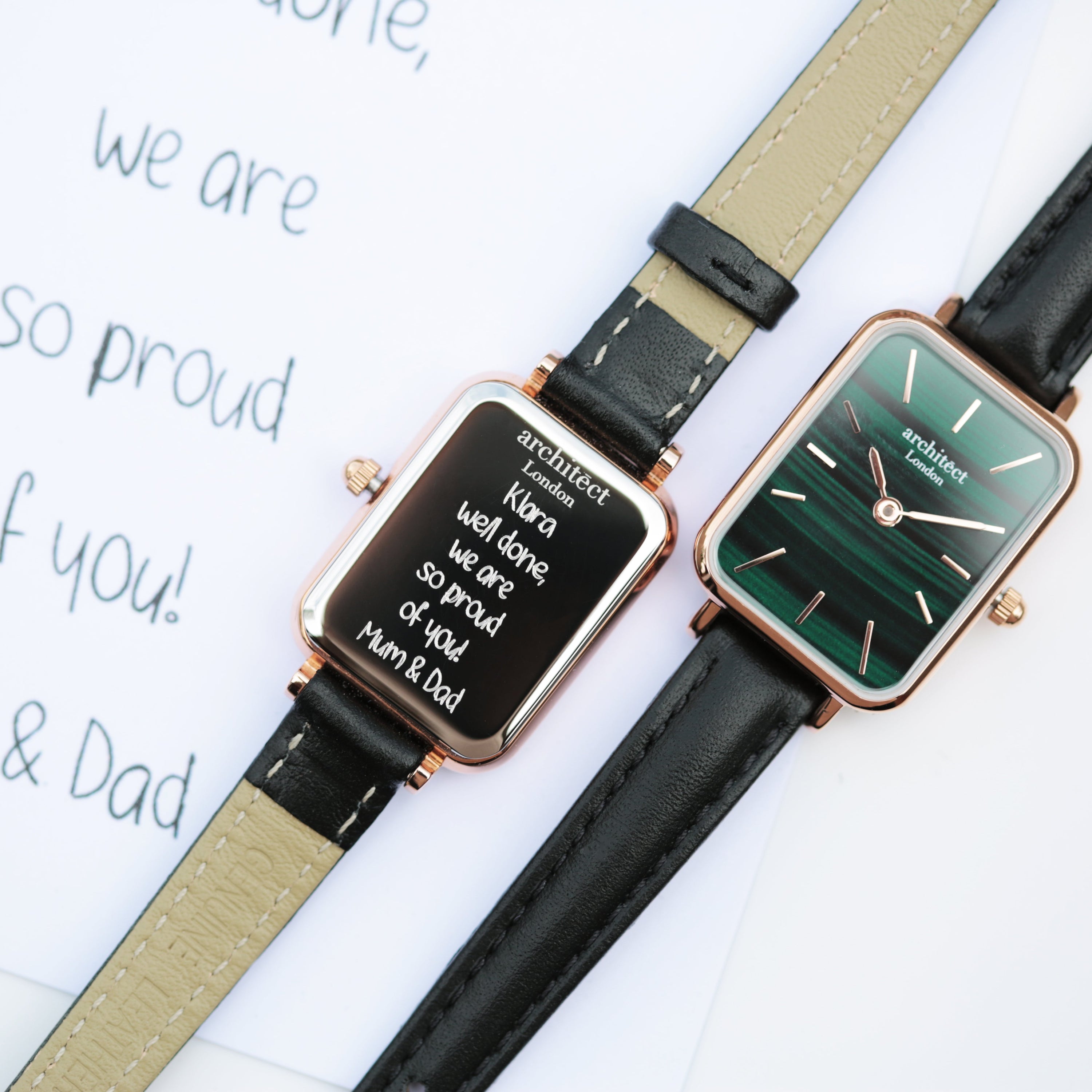 Ladies Architēct Lille watch in Pine Green with handwriting engraving, featuring a stainless steel case and genuine leather strap.