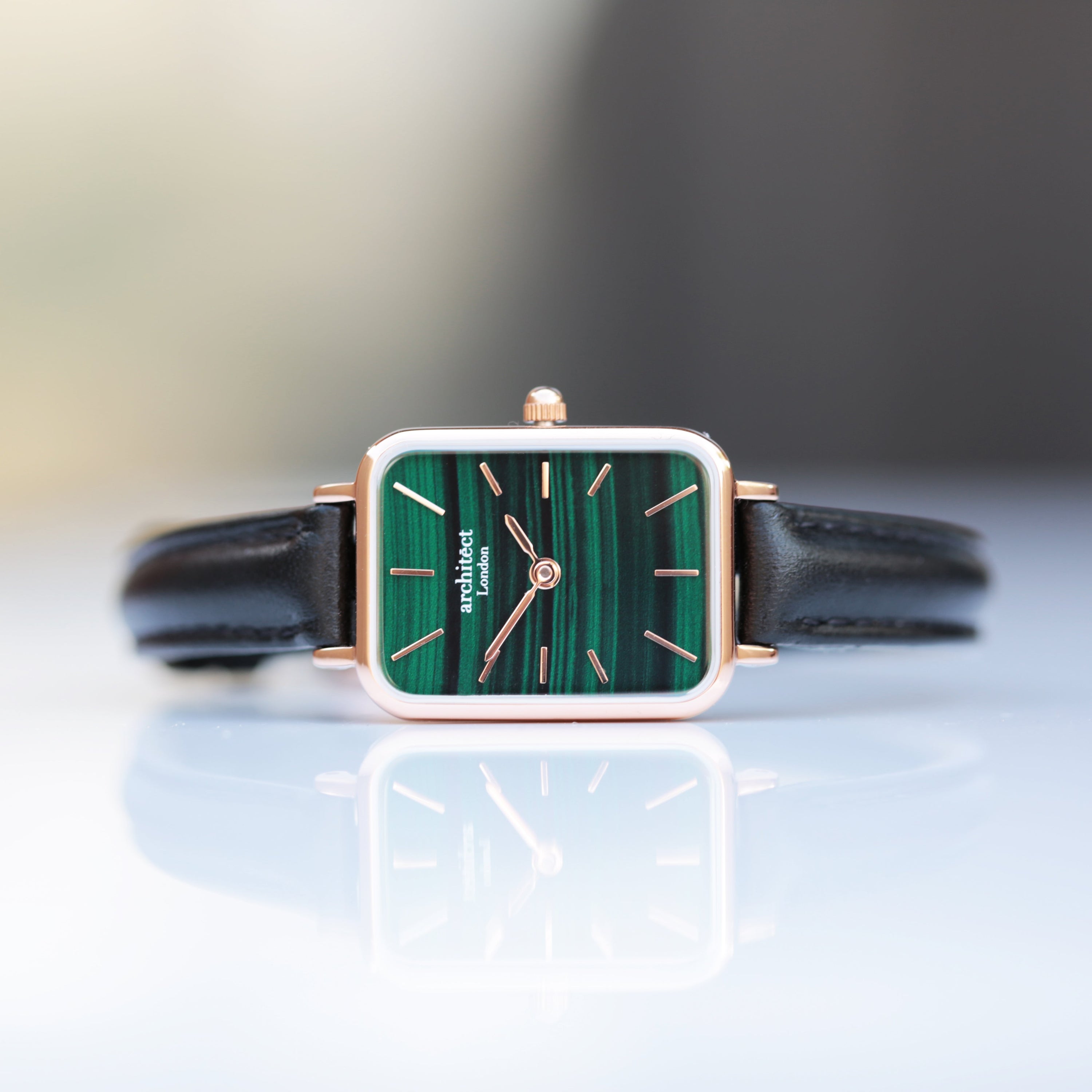 Ladies Architēct Lille watch in Pine Green with handwriting engraving, featuring a stainless steel case and genuine leather strap.