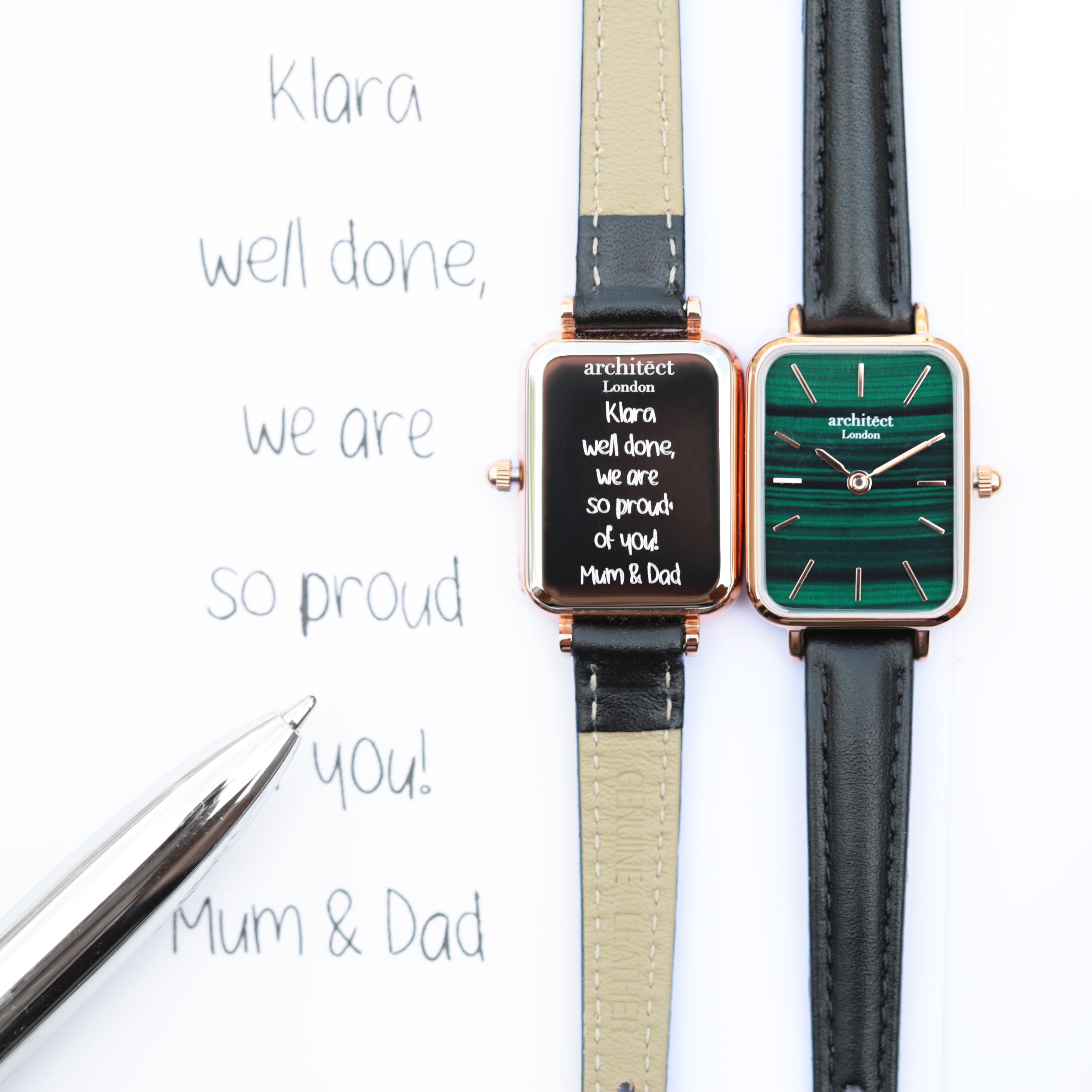 Ladies Architēct Lille watch in Pine Green with handwriting engraving, featuring a stainless steel case and genuine leather strap.