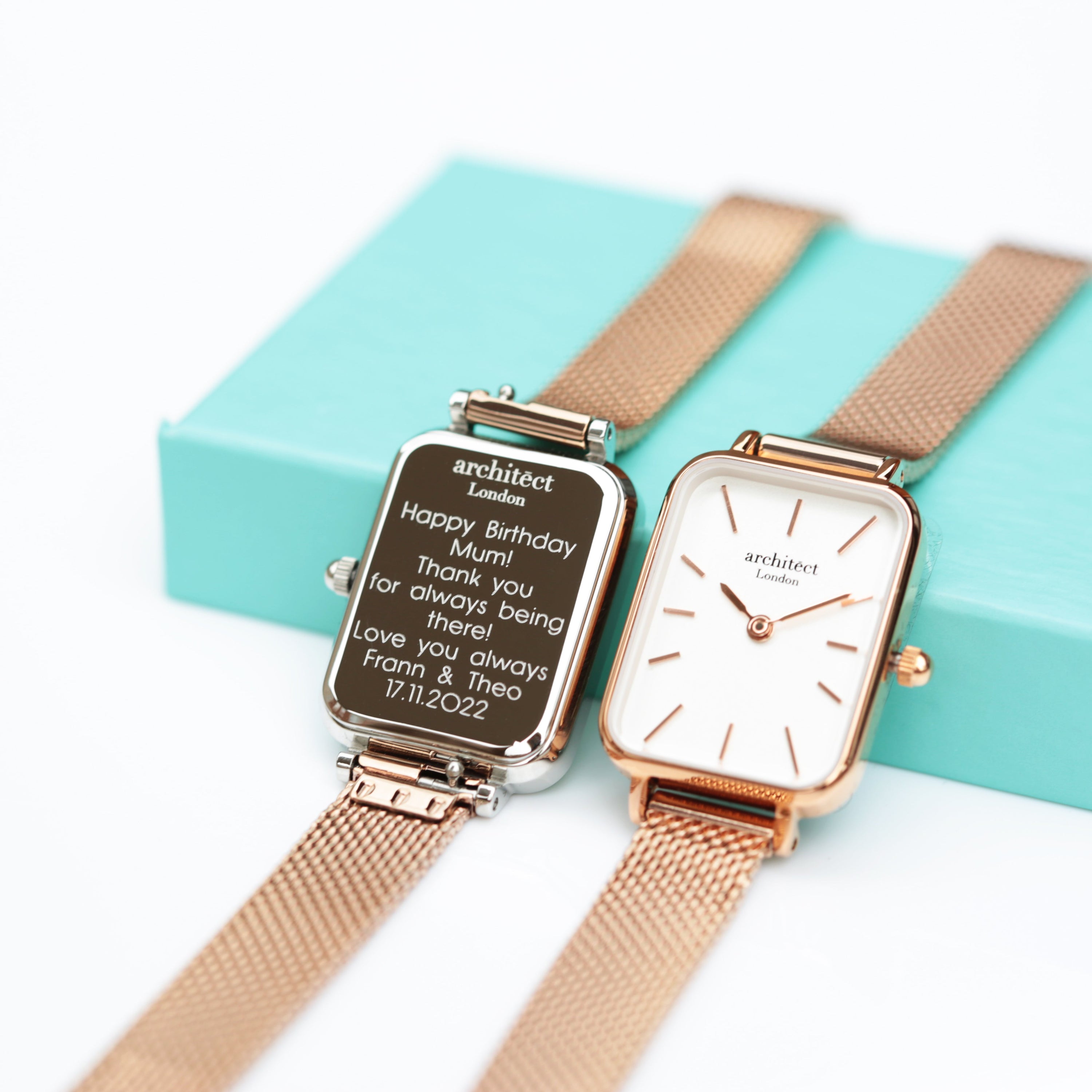 Ladies Architēct Lille watch in rose gold with a modern font engraving, featuring a stainless steel case and a handcrafted mesh strap.