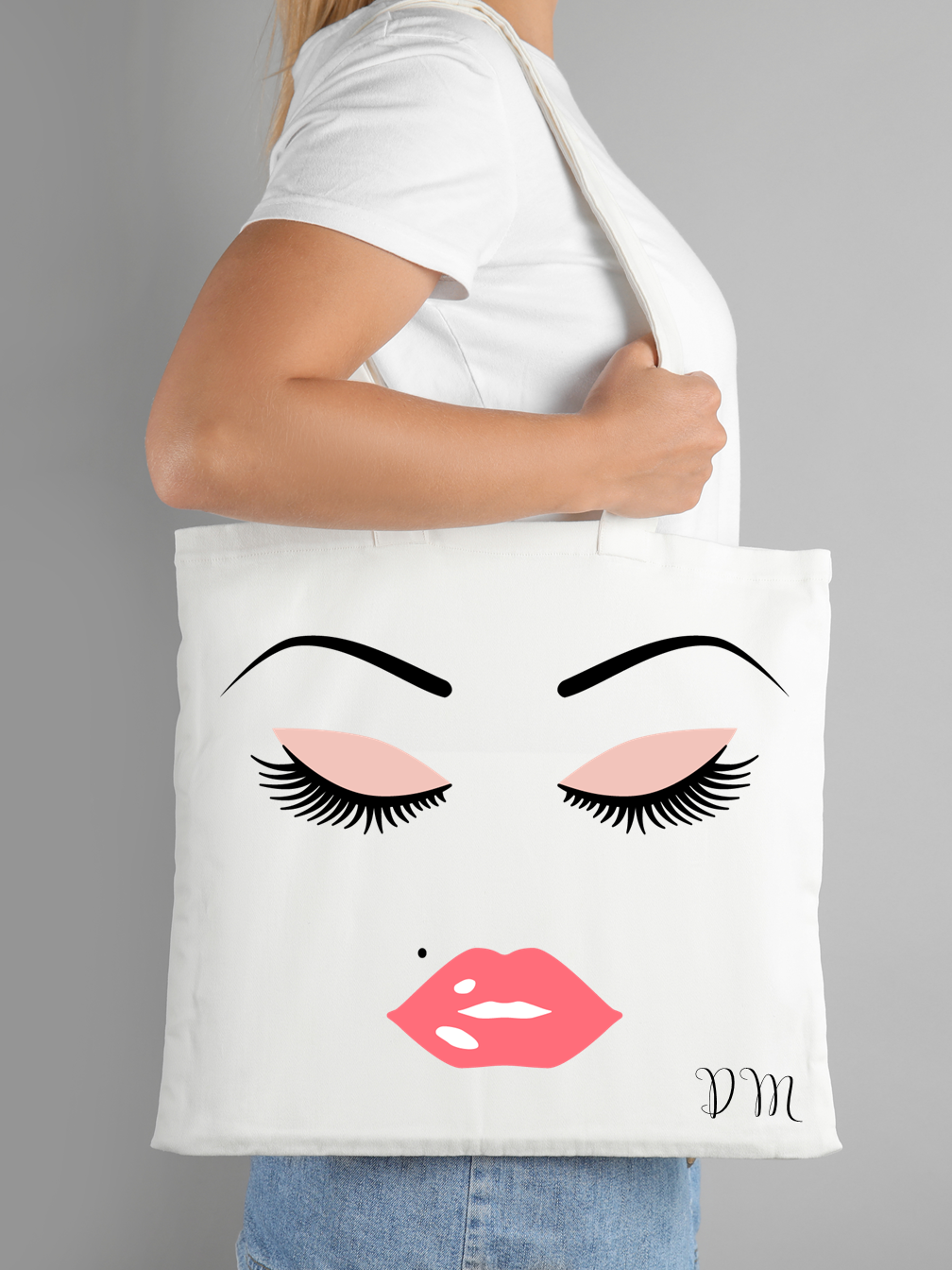 Personalised canvas tote bag featuring lashes and pink lips design, perfect for stylish everyday use.