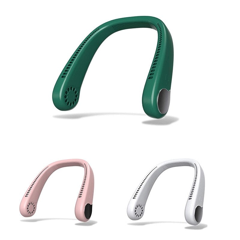 Lightweight bladeless neck fan in white, pink, and green colors, designed for hands-free cooling with a sleek and modern look.