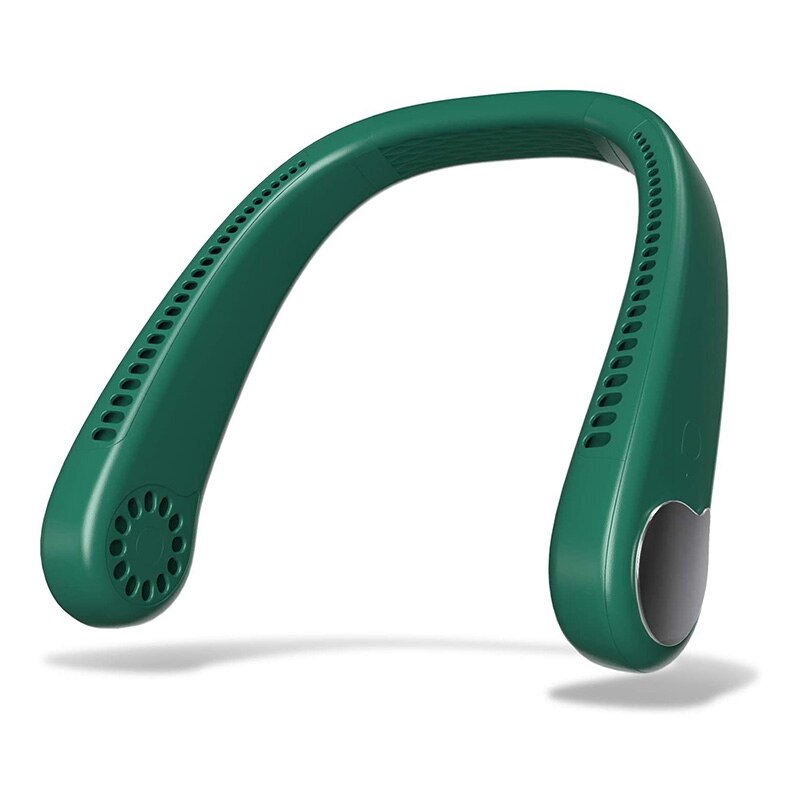 Lightweight bladeless neck fan in white, pink, and green colors, designed for hands-free cooling with a sleek and modern look.