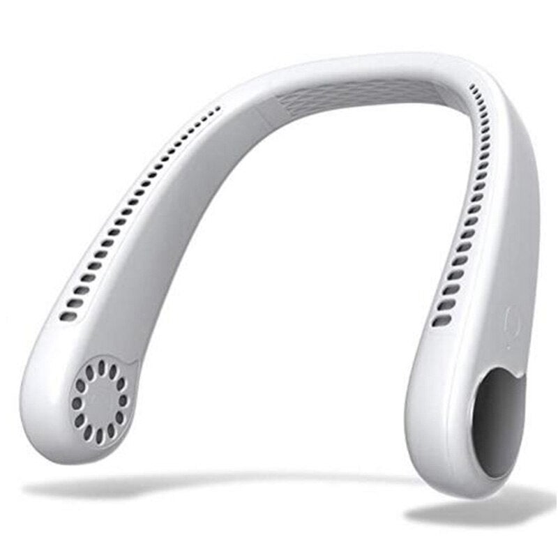 Lightweight bladeless neck fan in white, pink, and green colors, designed for hands-free cooling with a sleek and modern look.