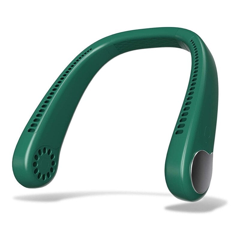 Lightweight bladeless neck fan in white, pink, and green colors, designed for hands-free cooling with a sleek and modern look.