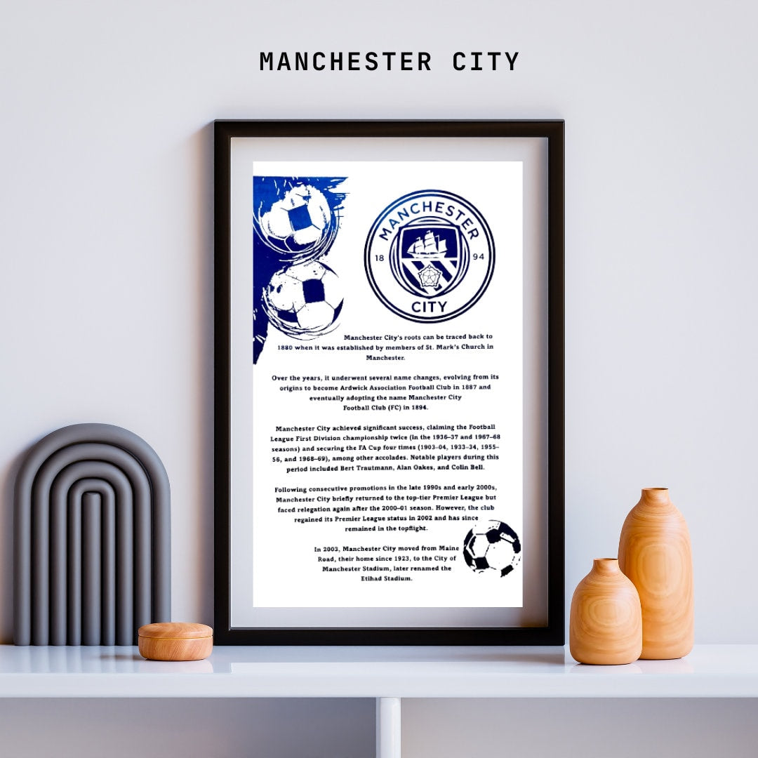 A4 foil print of Manchester City FC logo in radiant blue foil, showcasing the club's rich history and achievements.
