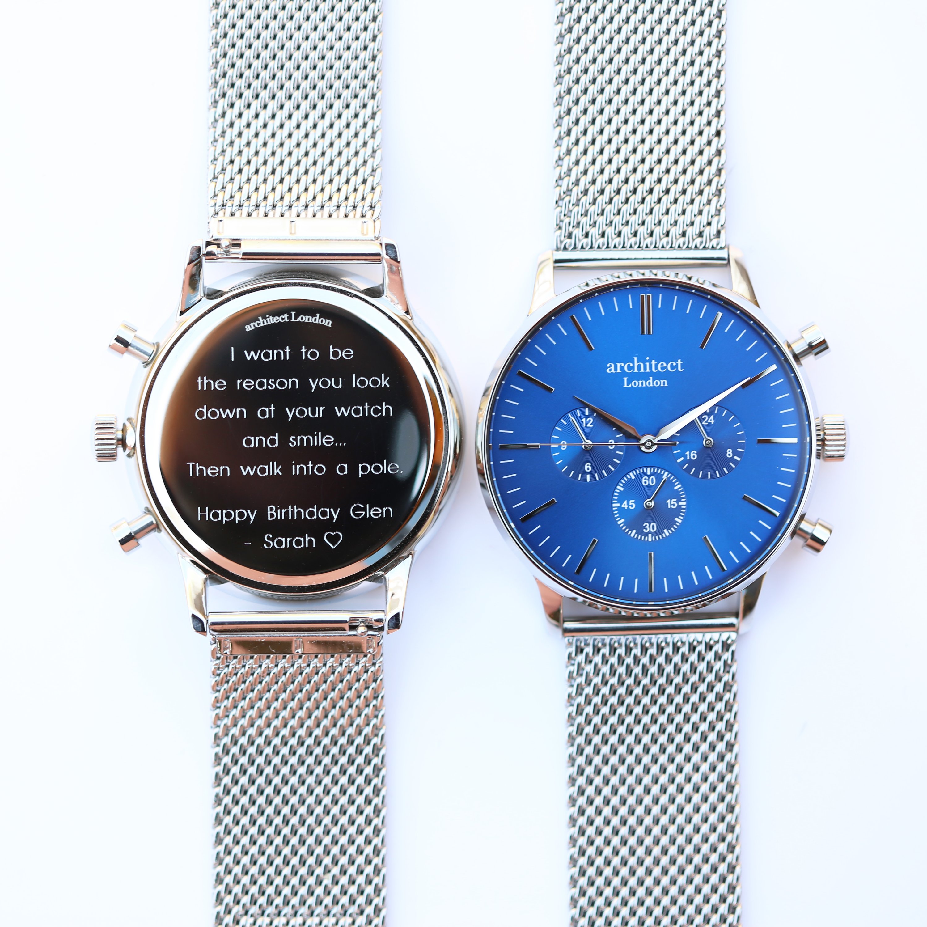 Men's Architect Motivator watch in blue with a silver Milanese mesh strap, featuring three chronograph subdials and a modern font engraving area.
