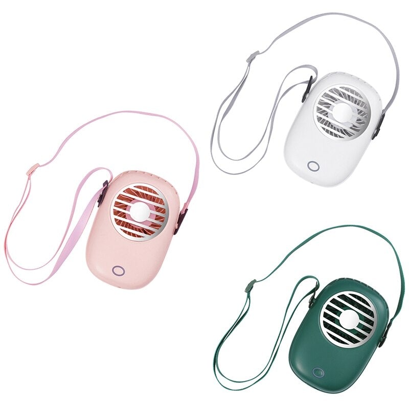 Mini Electric Hanging Neck Fan in pink, designed for hands-free cooling with a sleek and portable design.