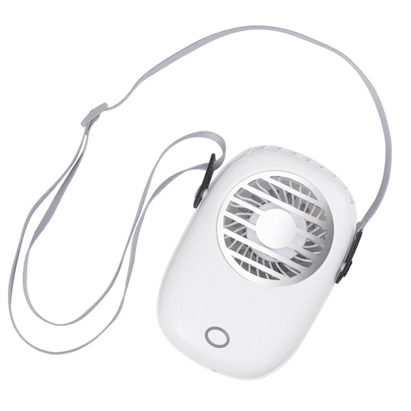 Mini Electric Hanging Neck Fan in pink, designed for hands-free cooling with a sleek and portable design.