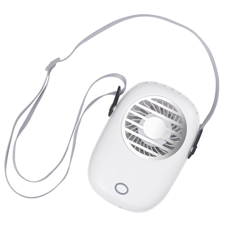 Mini Electric Hanging Neck Fan in pink, designed for hands-free cooling with a sleek and portable design.