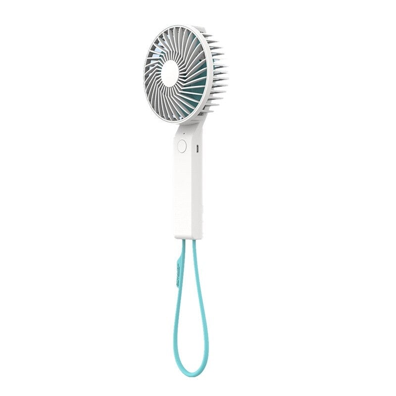Mini Handheld Portable Rechargeable Battery Operated Fan in white with a removable base, showcasing its compact design and USB charging capability.