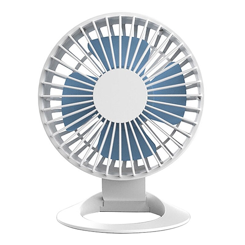 Mini Portable USB Rechargeable Clip Desktop Fan in white and black, showcasing adjustable tilt and compact design.