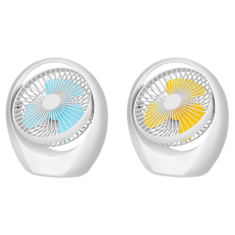 Mini USB Desktop Personal Portable Cooling Fan in blue and yellow, showcasing its compact design and USB power connection.