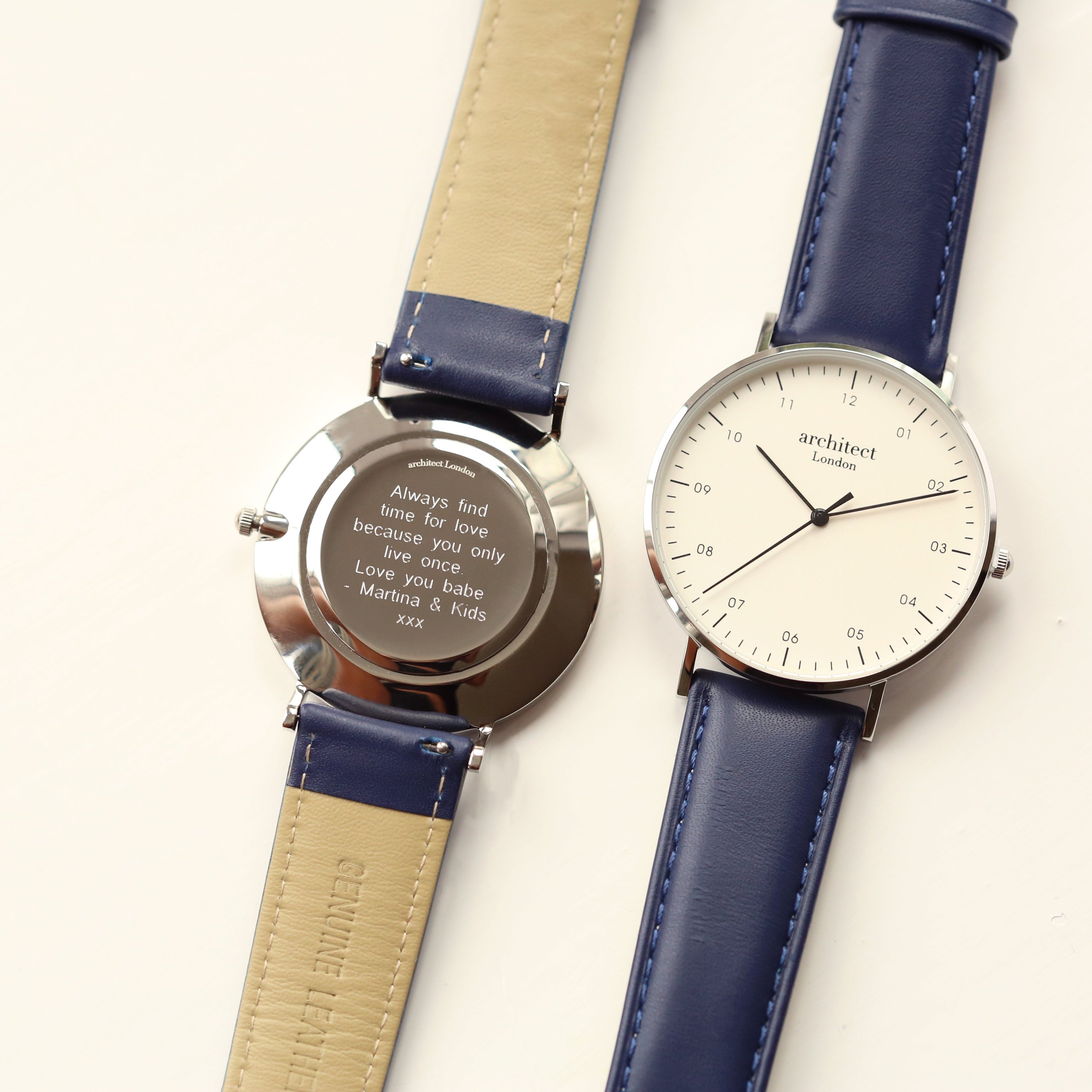 Modern Font Engraving Men's Architect Zephyr watch with Admiral Blue leather strap, showcasing minimalist design and quality craftsmanship.