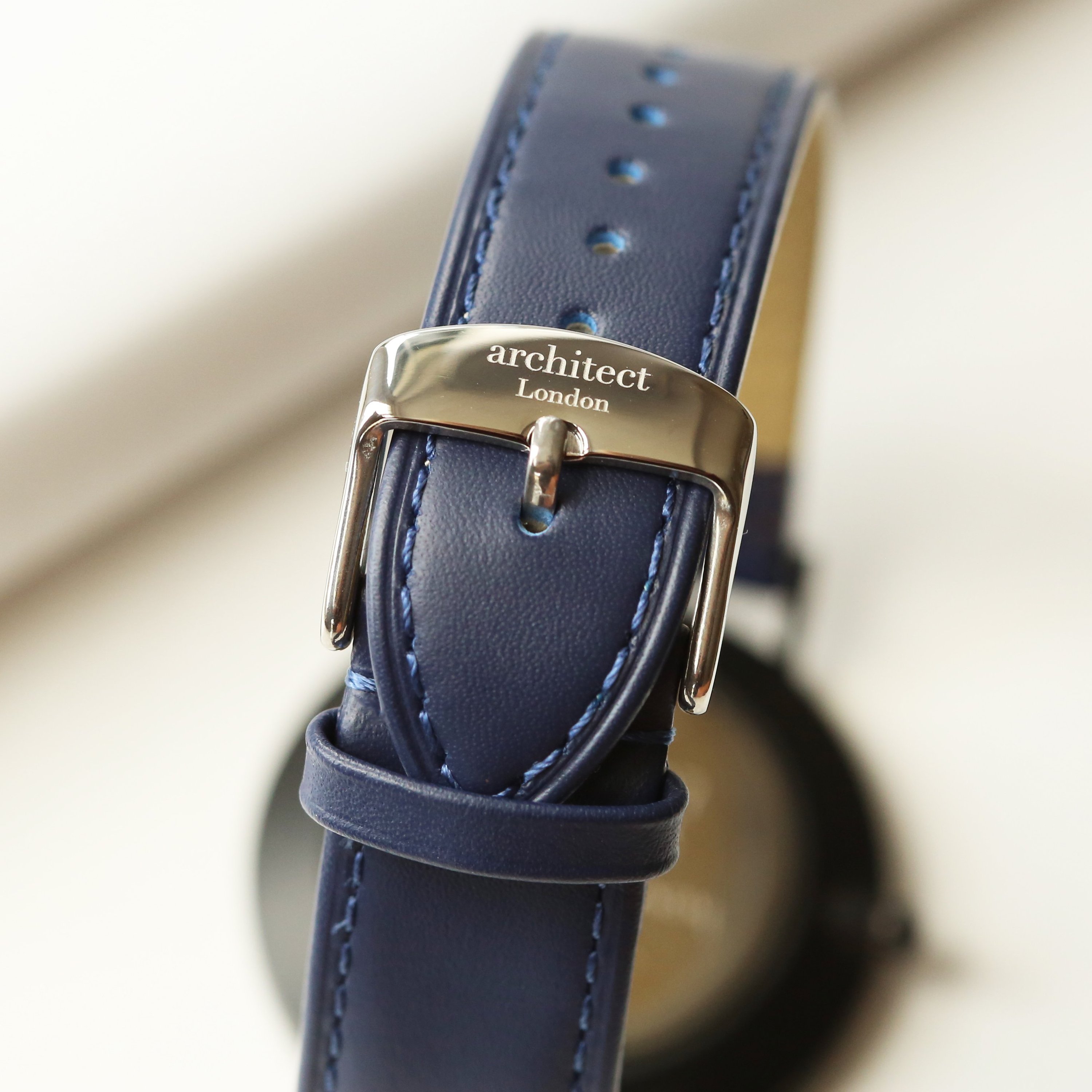 Modern Font Engraving Men's Architect Zephyr watch with Admiral Blue leather strap, showcasing minimalist design and quality craftsmanship.