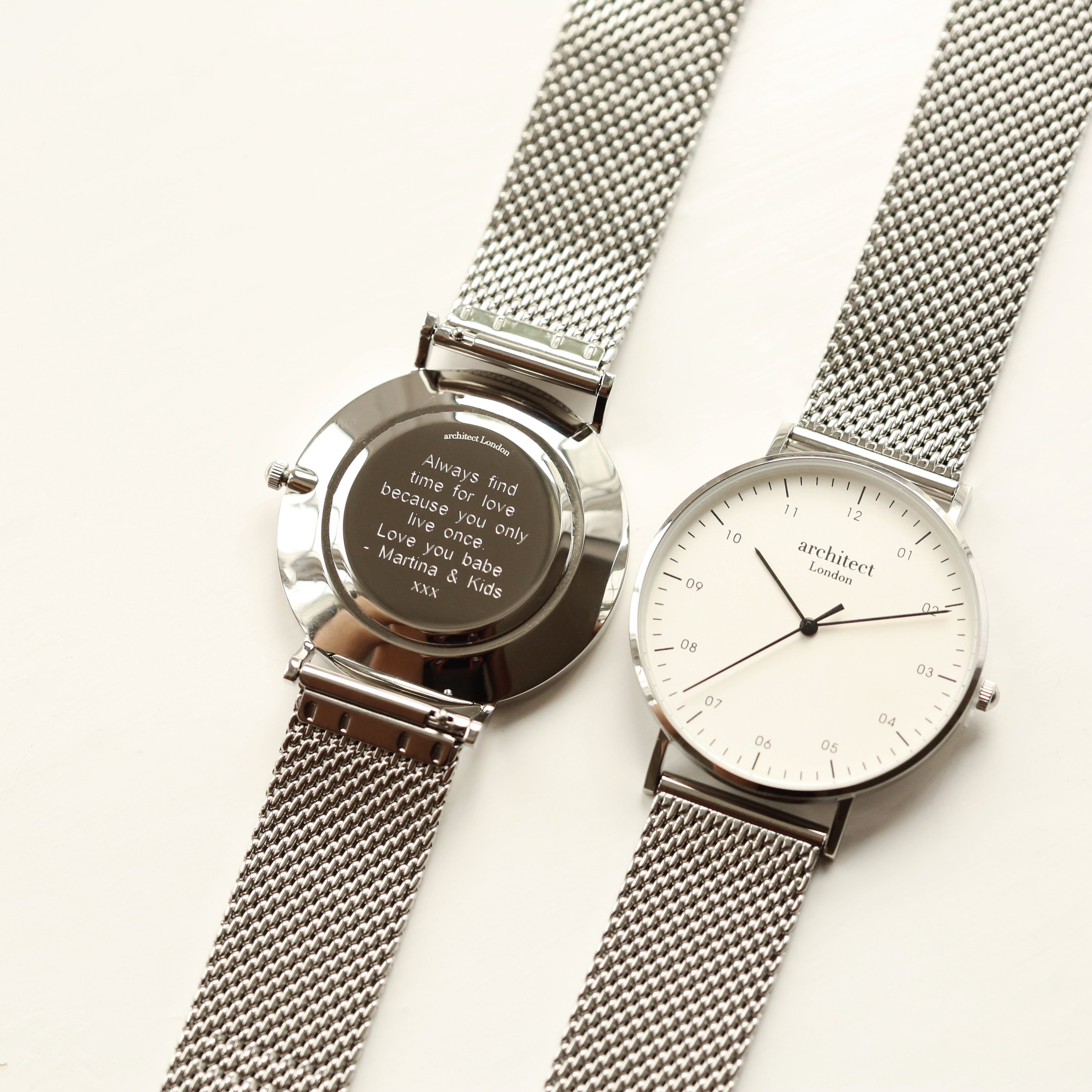Men's Architect Zephyr watch featuring a Steel Silver Mesh strap and modern font engraving on the back, showcasing minimalist design and quality craftsmanship.