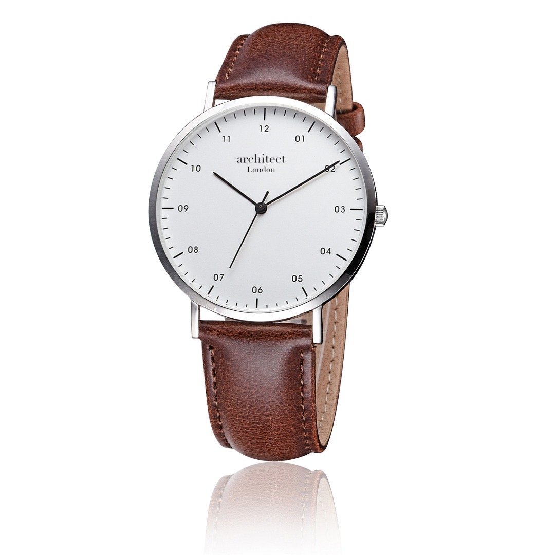 Modern Font Engraving Men's Architect Zephyr watch with walnut strap, showcasing its minimalist design and elegant features.