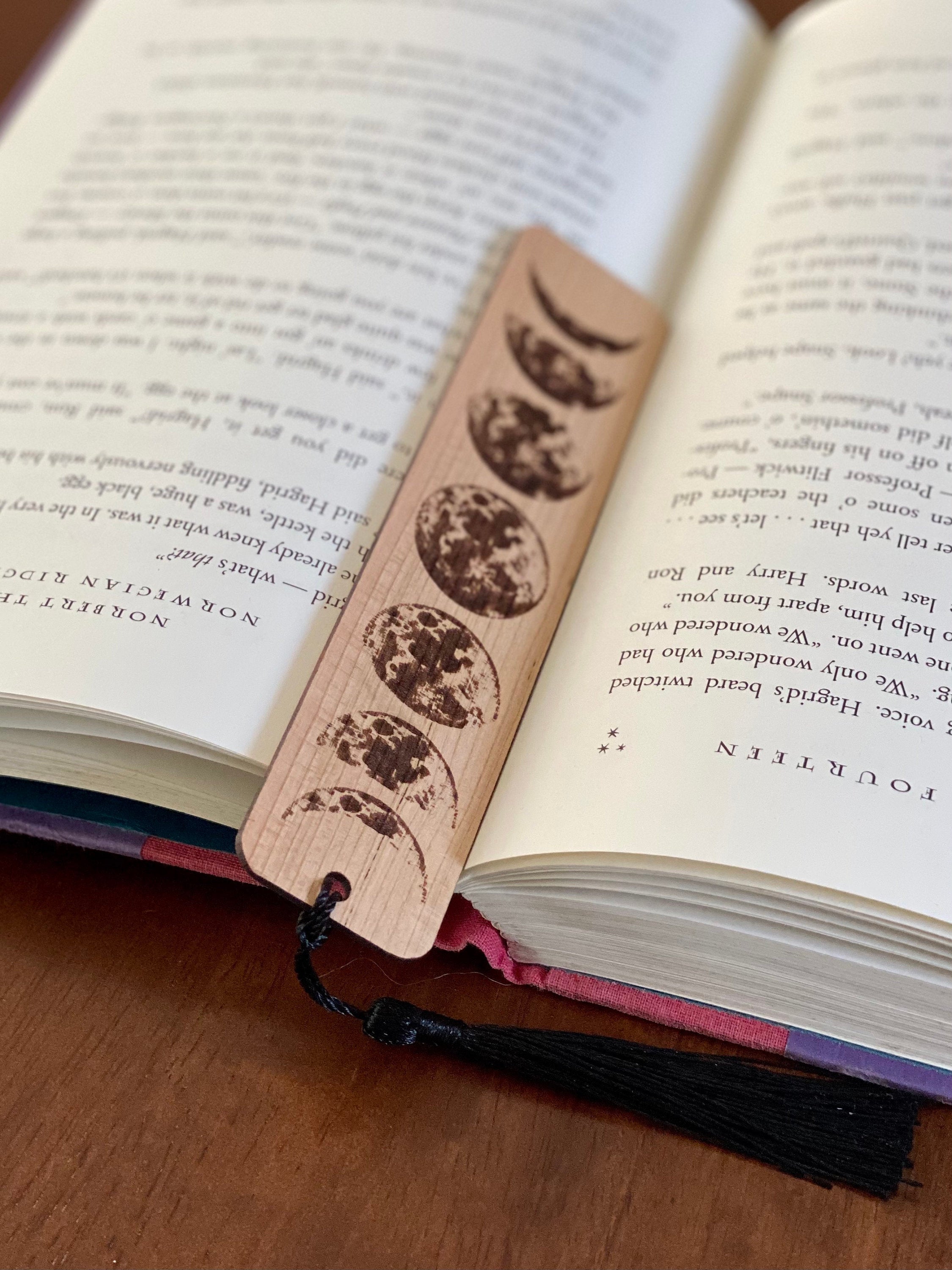 Moon Phases Engraved Wood Bookmark with tassel, showcasing lunar phases design on Cherry hardwood.