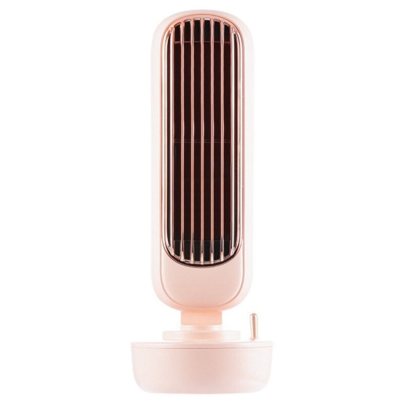 Multifunctional USB leafless cooling fan in green, pink, and white colors, showcasing its sleek design and compact size.