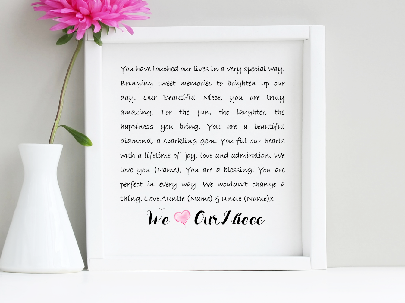 A beautifully framed personalised poem for a niece, decorated with diamantes and printed on textured canvas paper.