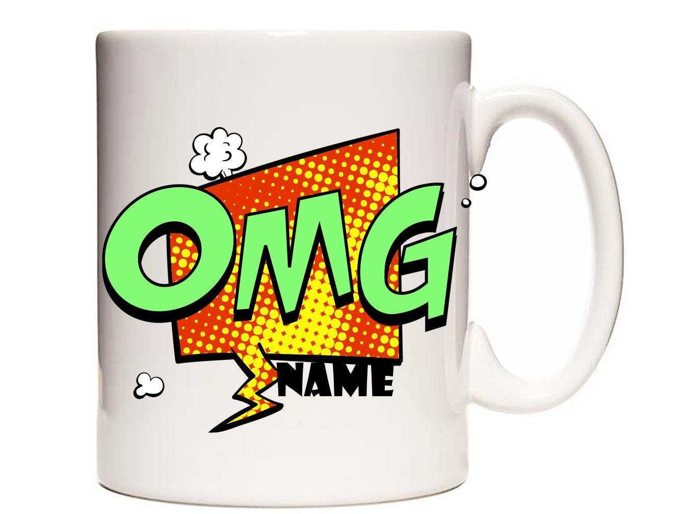 A vibrant OMG! Personalised Comic Mug featuring customizable names, perfect for coffee or tea lovers.