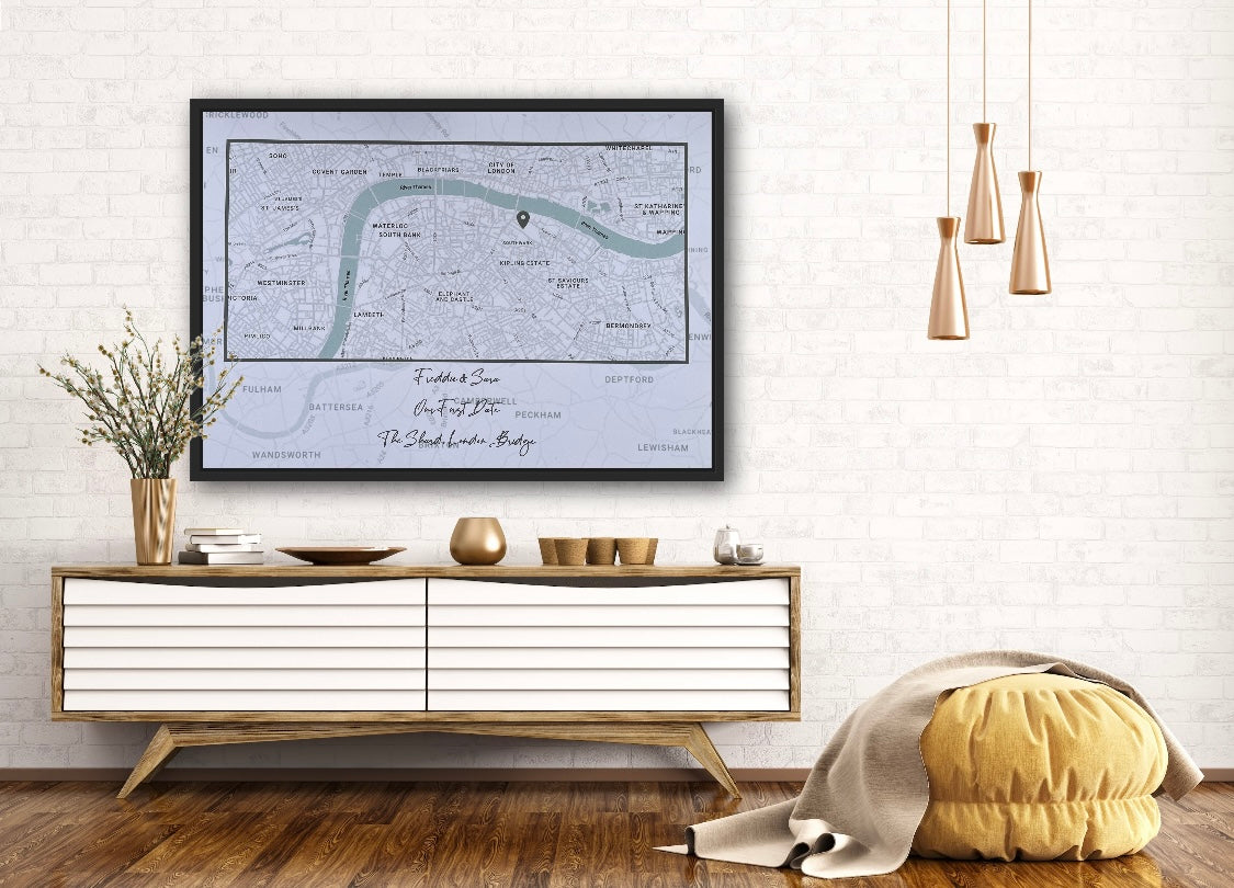 A beautifully crafted First Date Map in elegant greys, showcasing the location of a couple's first date with significant landmarks.