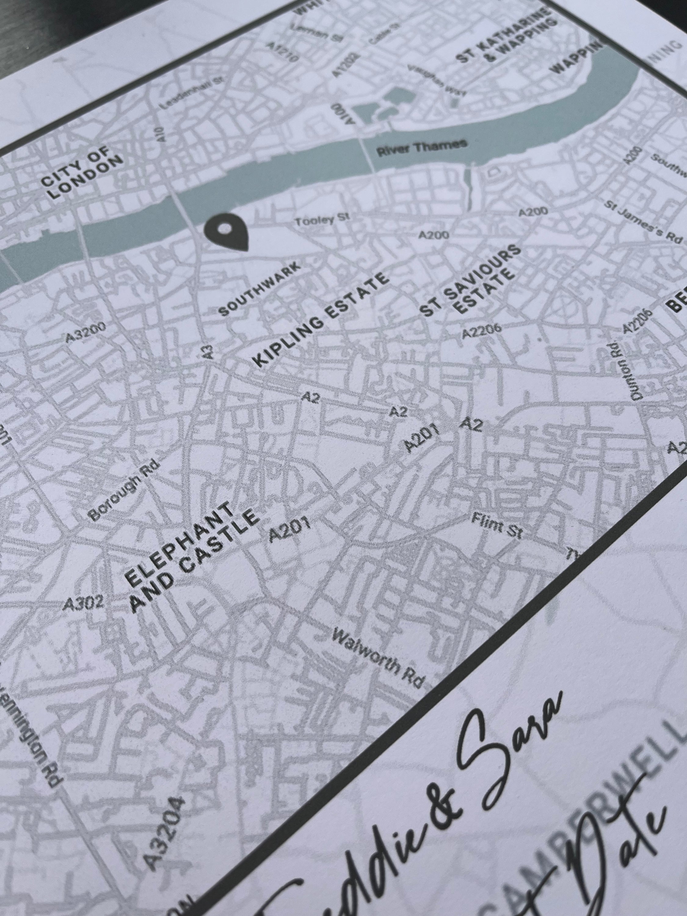 A beautifully crafted First Date Map in elegant greys, showcasing the location of a couple's first date with significant landmarks.