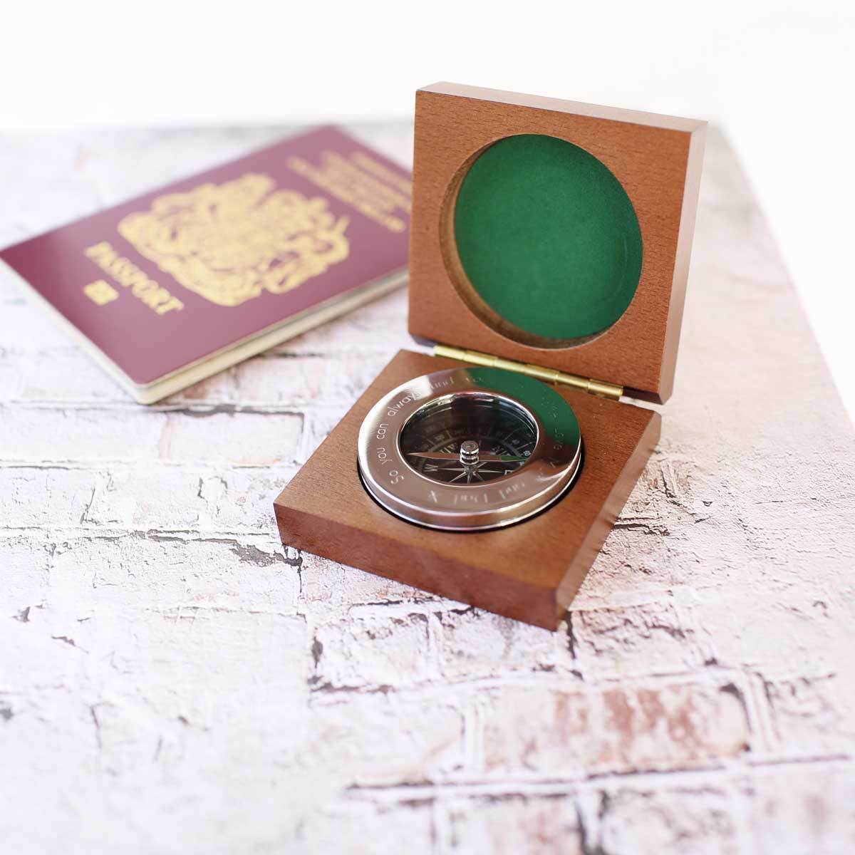 Personalised brass compass in a mahogany timber box, featuring custom handwriting engraving.