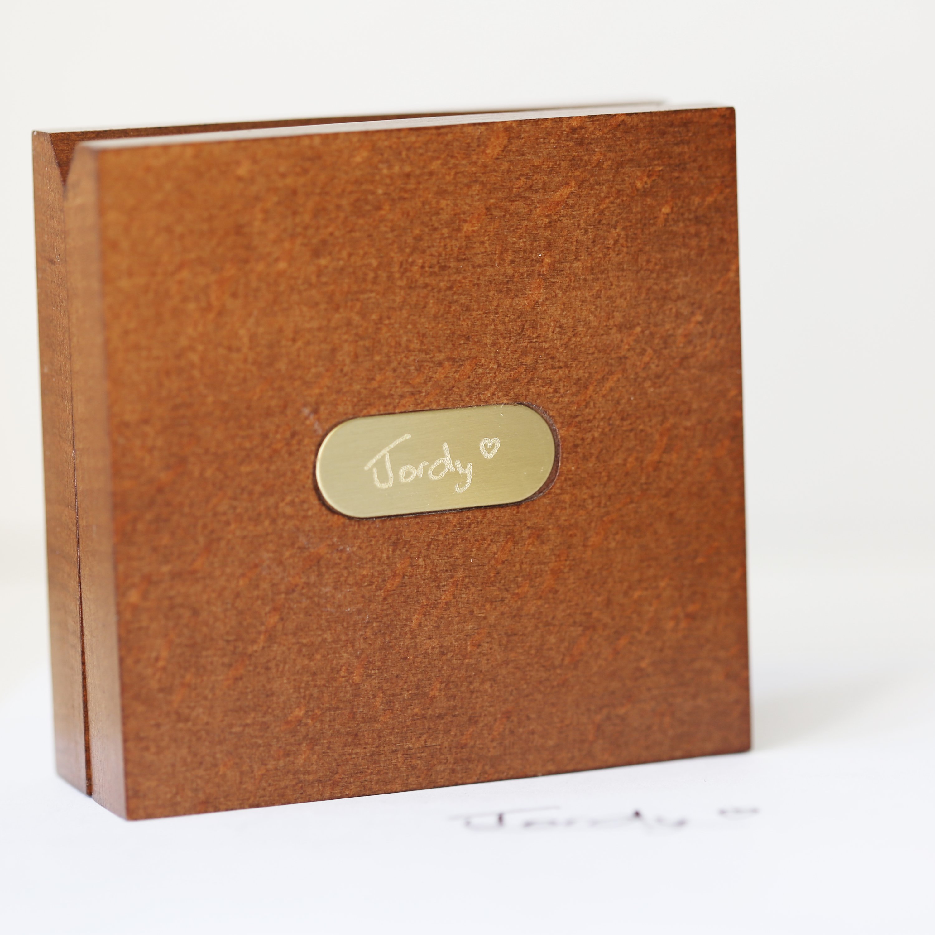 Personalised brass compass in a mahogany timber box, featuring custom handwriting engraving.