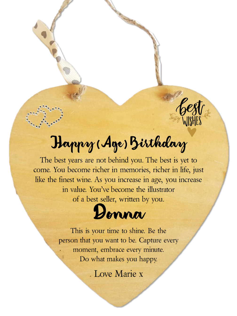 Personalised Birthday Wooden Heart Plaque with customizable names, crafted from MDF wood, perfect for birthday celebrations.
