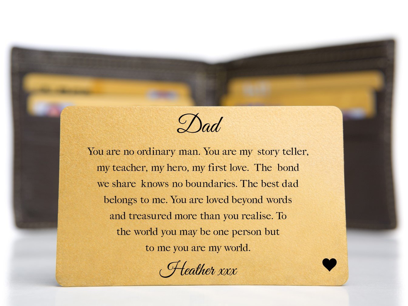 Personalised Dad Wallet Card in gold and silver finishes with the message 'You Are My World', designed for a heartfelt gift.