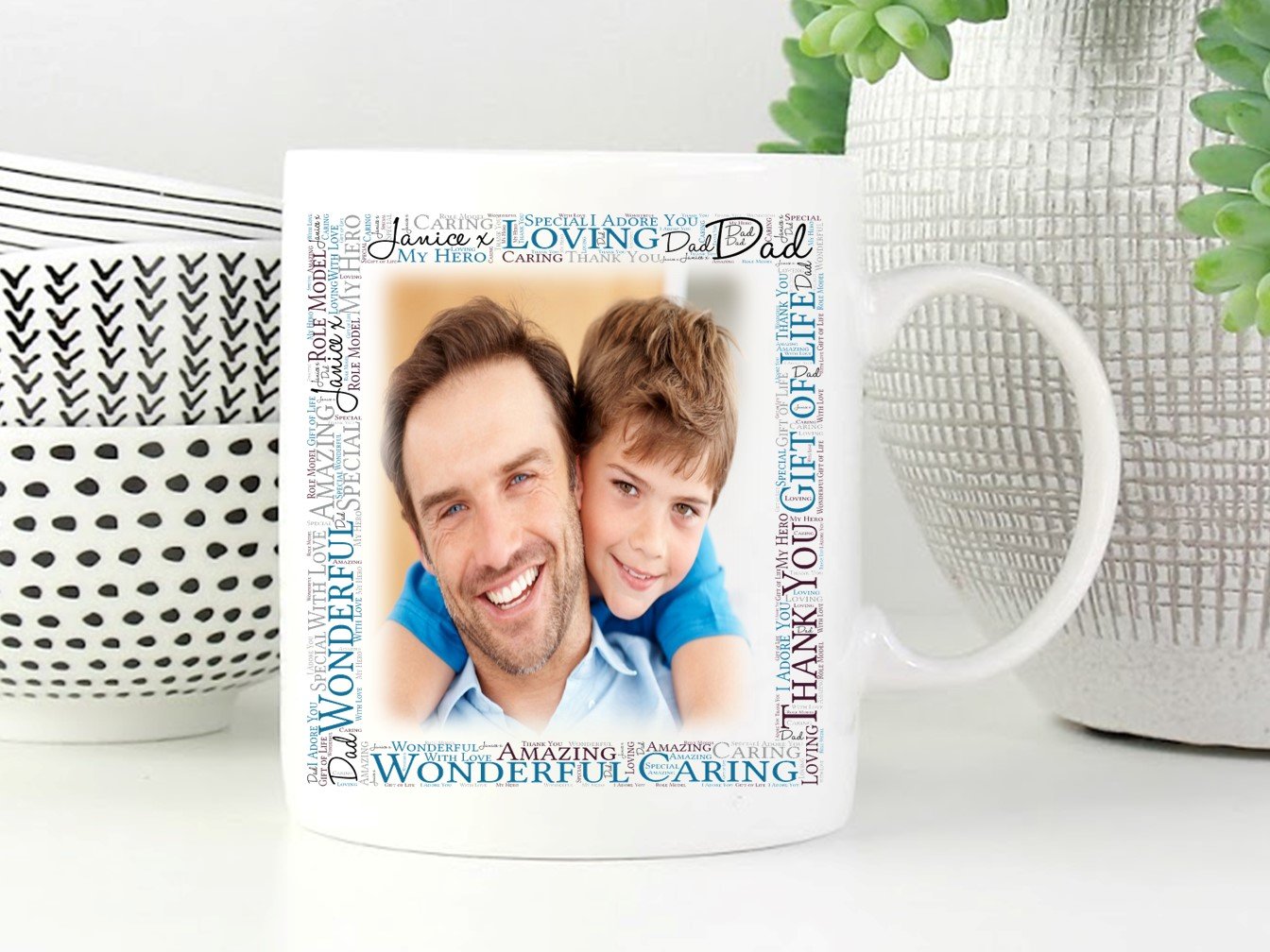 A personalised ceramic photo mug featuring a custom photo, perfect for fathers and grandfathers, showcasing a heartfelt gift idea.
