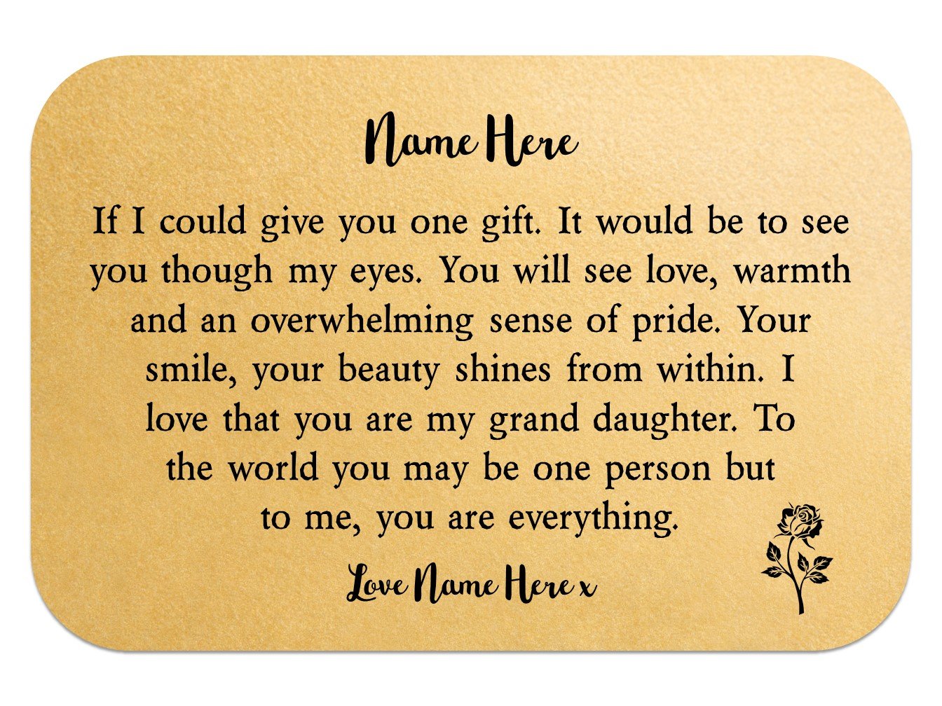 Personalised Grand Daughter Keepsake Wallet Card made of aluminium, featuring a lovely finish and customizable with names.