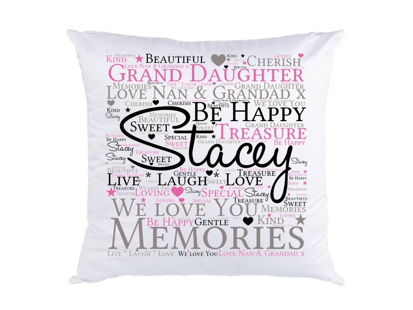 Personalised Grand Daughter Word Art Cushion featuring custom text, soft polyester fabric, and a square shape.