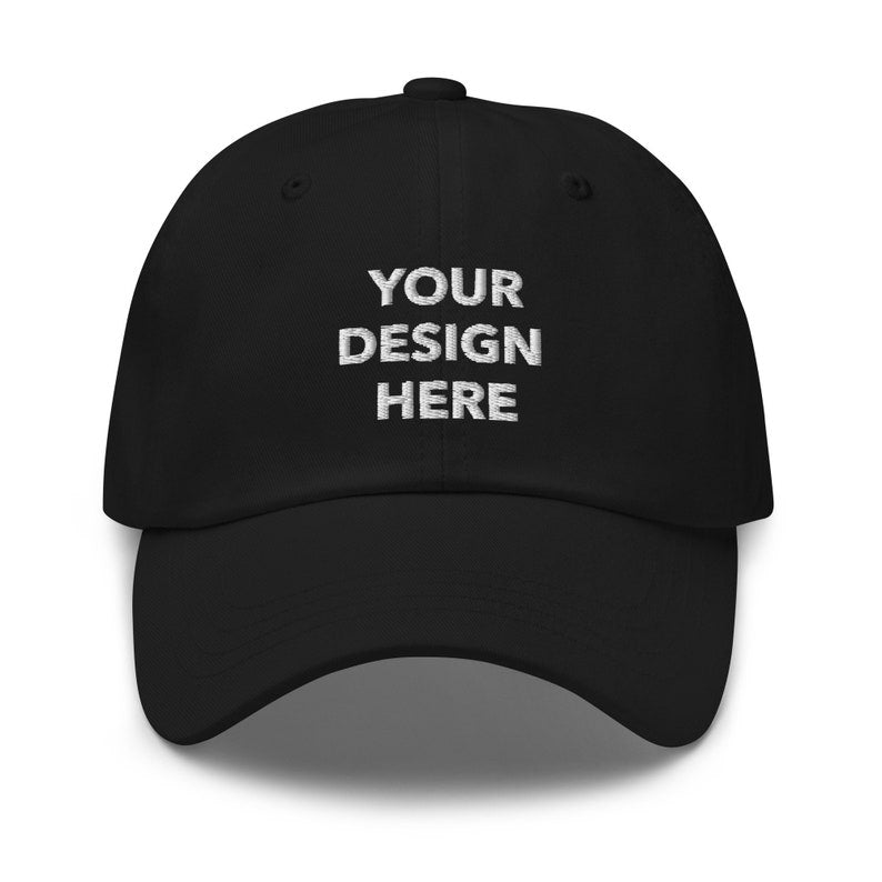Personalized embroidered dad hat in various colors with custom text option, showcasing adjustable strap and unique embroidery design.