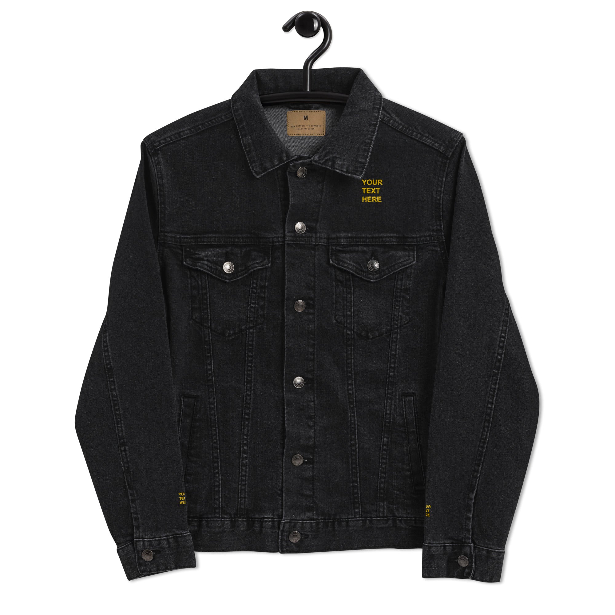 Personalized embroidered denim jacket with chest pockets, showcasing custom design options.