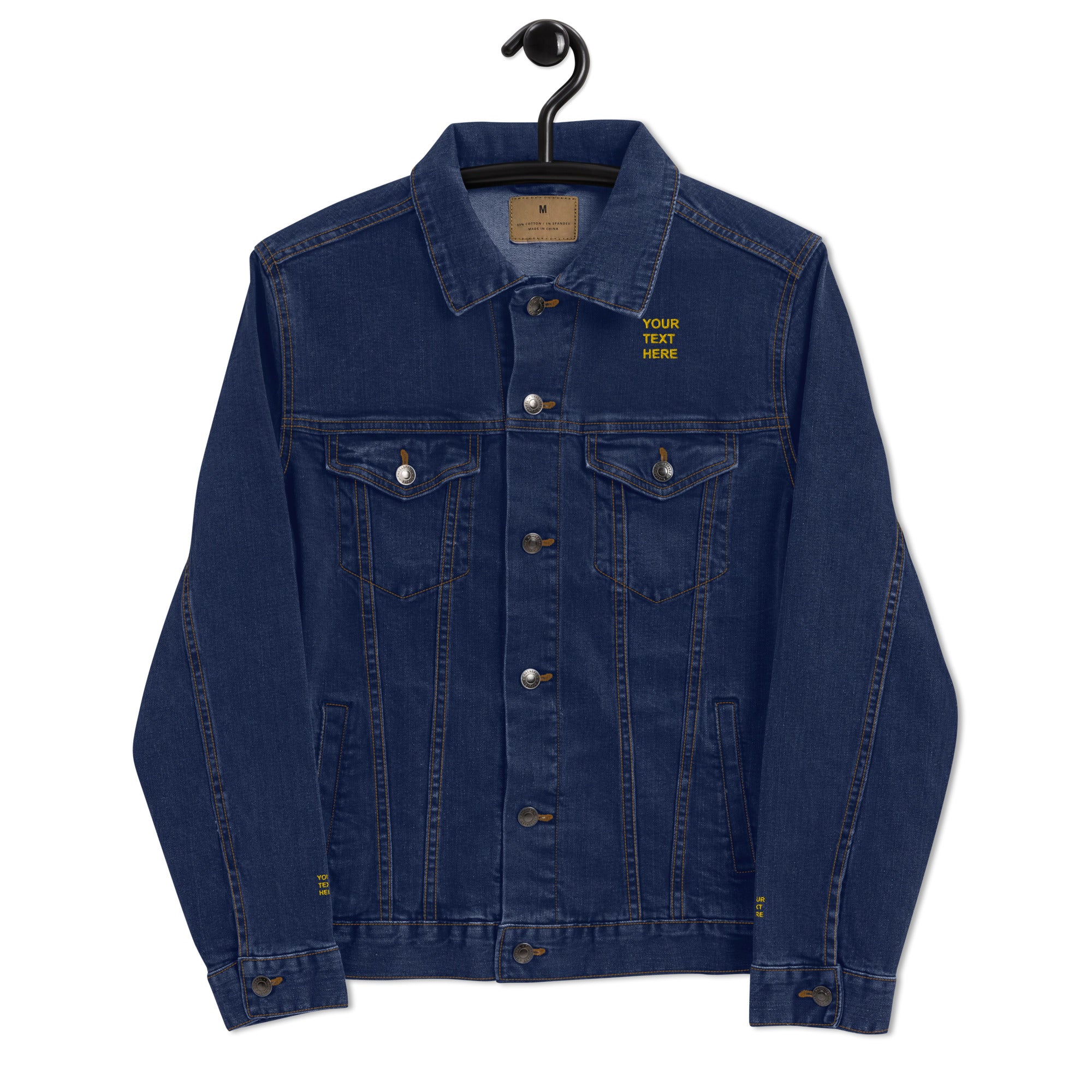 Personalized embroidered denim jacket with chest pockets, showcasing custom design options.