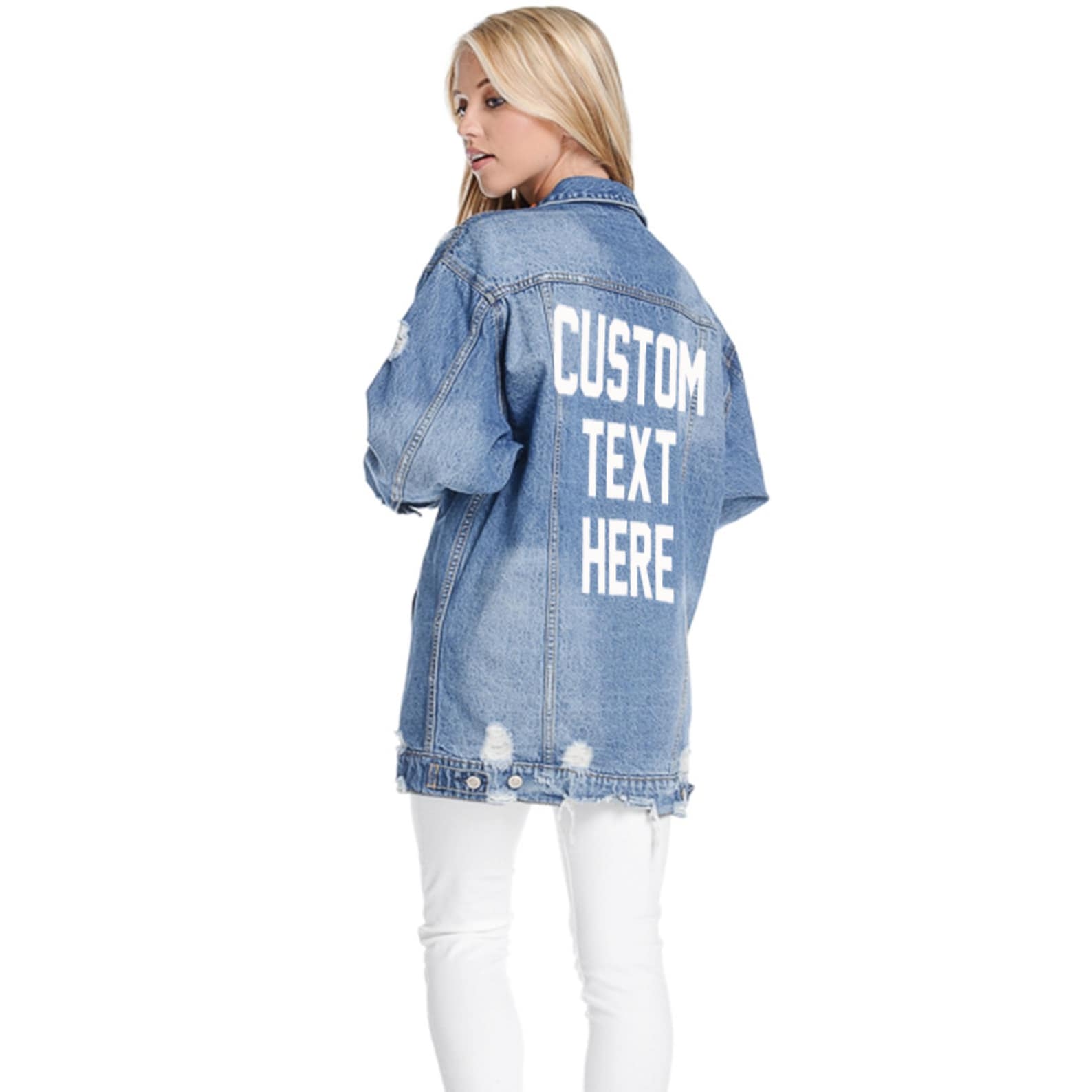 Personalized embroidered denim jacket with chest pockets, showcasing custom design options.