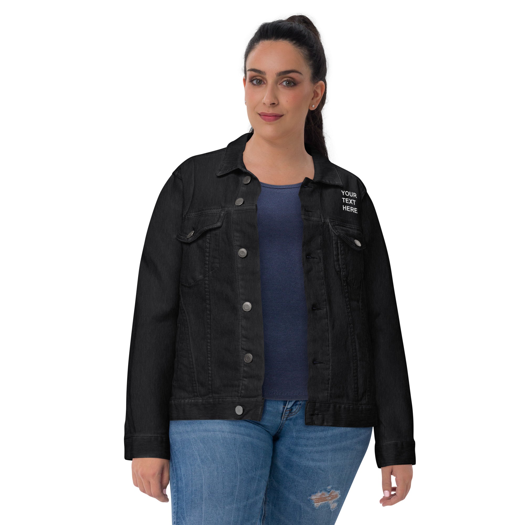 A stylish personalized embroidered denim jacket featuring custom embroidery, chest pockets, and a classic design suitable for all occasions.