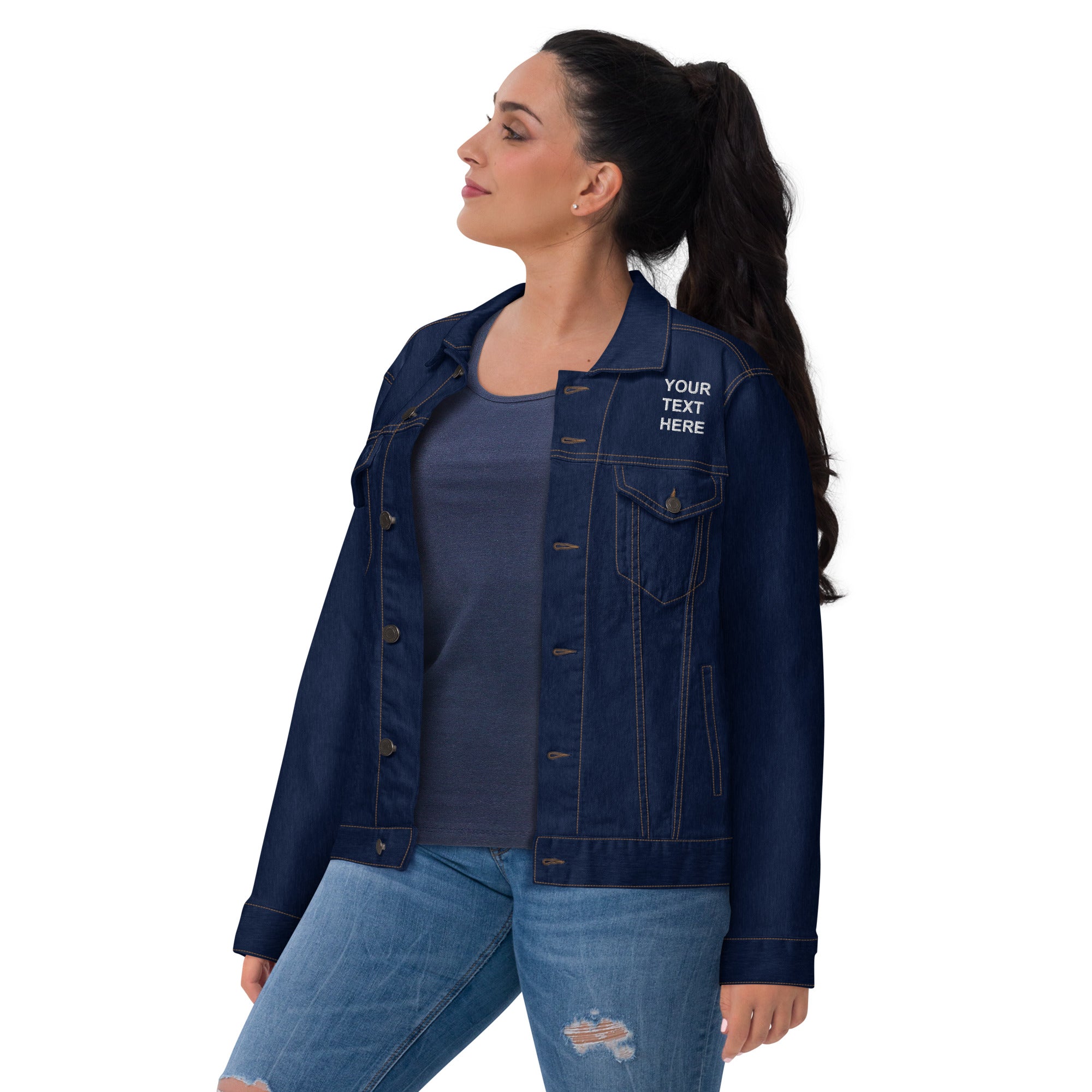 A stylish personalized embroidered denim jacket featuring custom embroidery, chest pockets, and a classic design suitable for all occasions.
