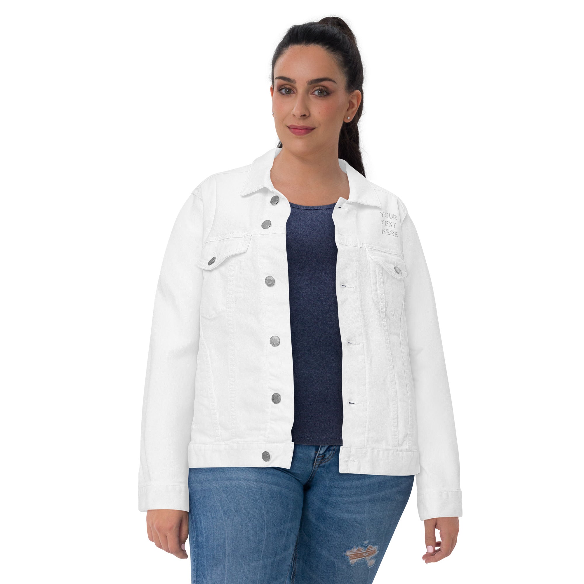 A stylish personalized embroidered denim jacket featuring custom embroidery, chest pockets, and a classic design suitable for all occasions.