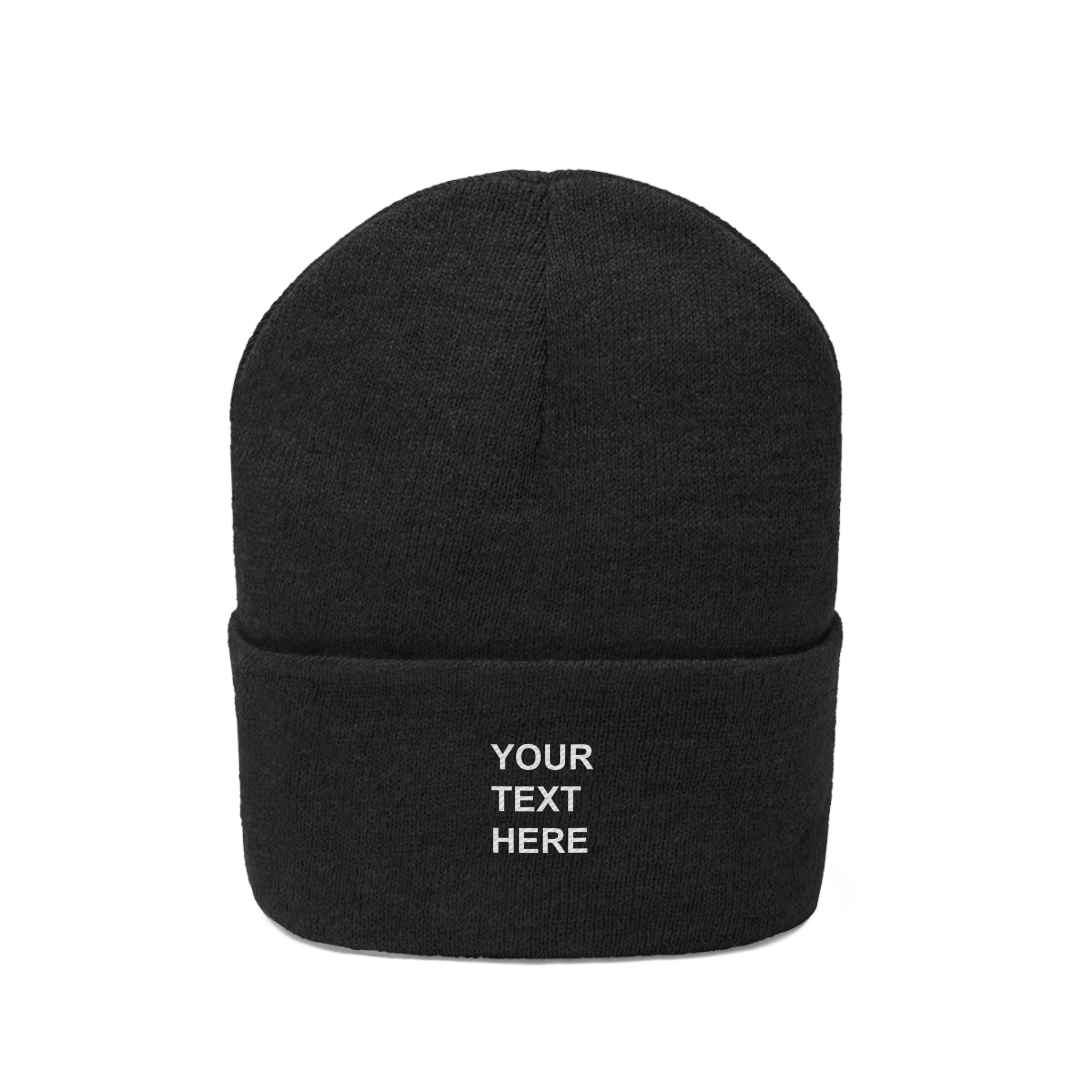 A cozy personalized knit beanie in various colors, featuring custom text options for a unique touch.