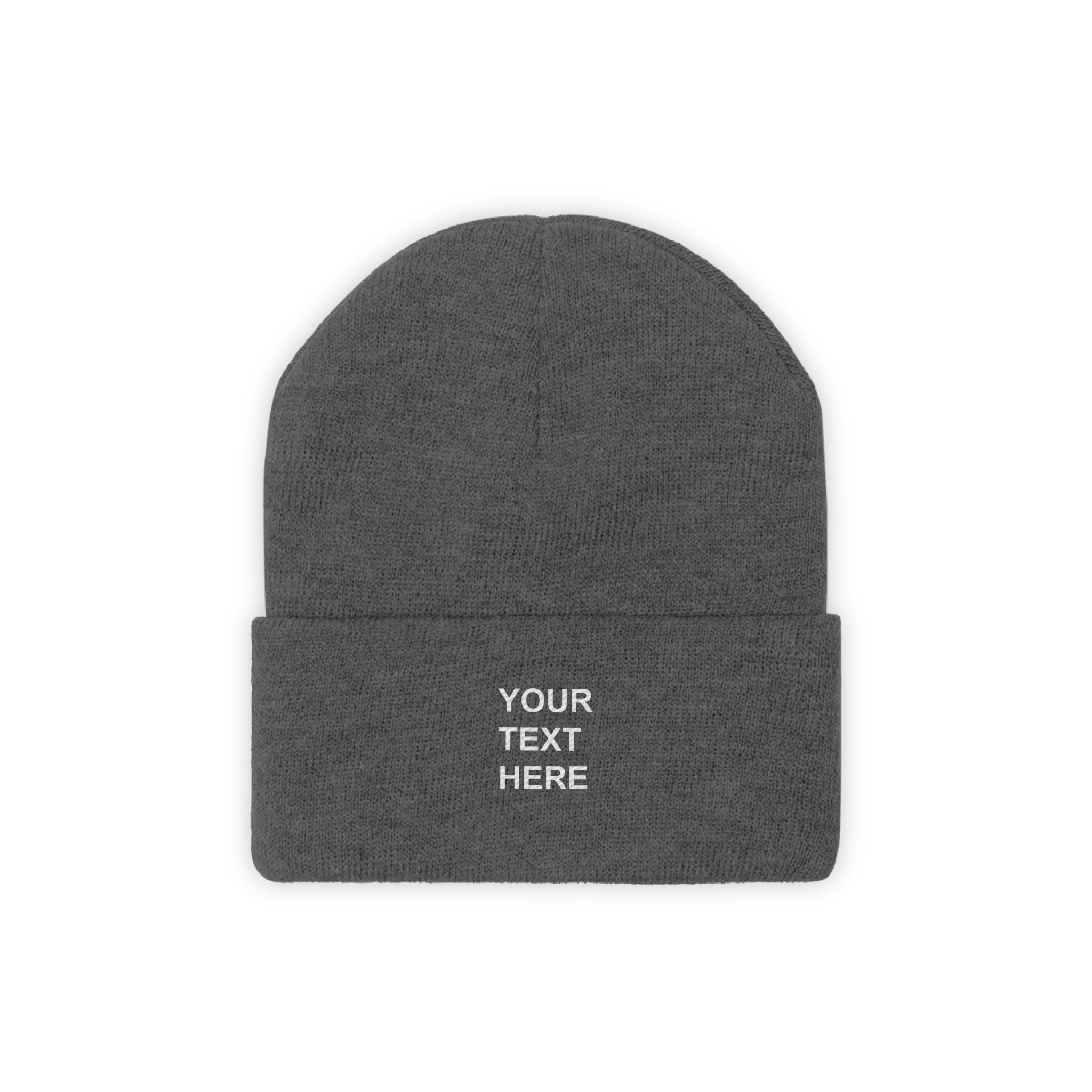 A cozy personalized knit beanie in various colors, featuring custom text options for a unique touch.