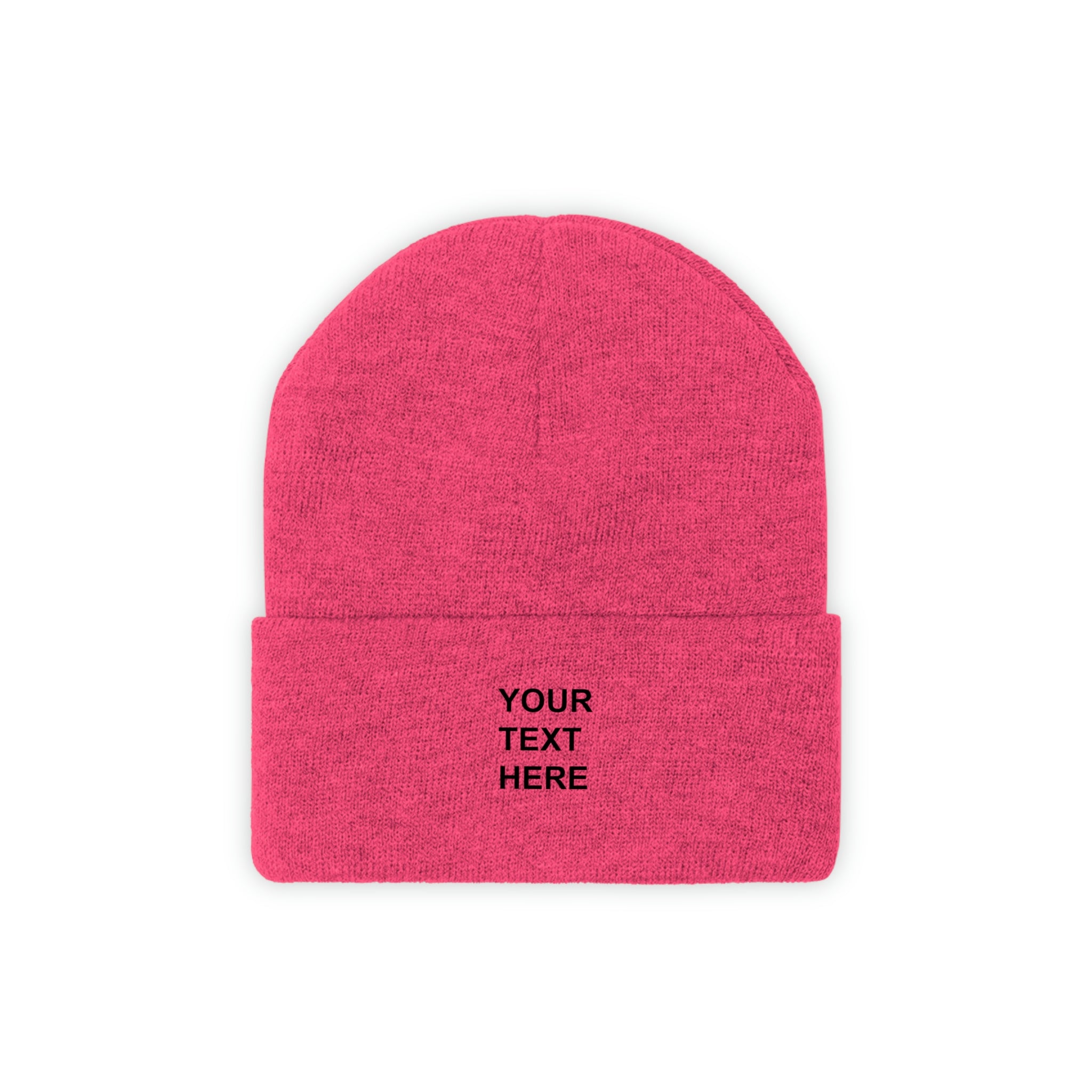 A cozy personalized knit beanie in various colors, featuring custom text options for a unique touch.